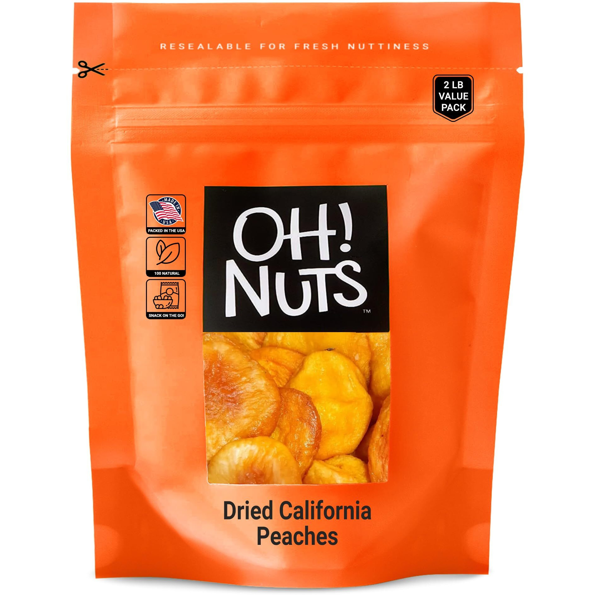 Dried Peaches California | 2 Lb - Dried Fruit Slices | No Sugar Added | Packed In New York Zip-Seal Bag For Exceptional Freshness By Oh Nuts
