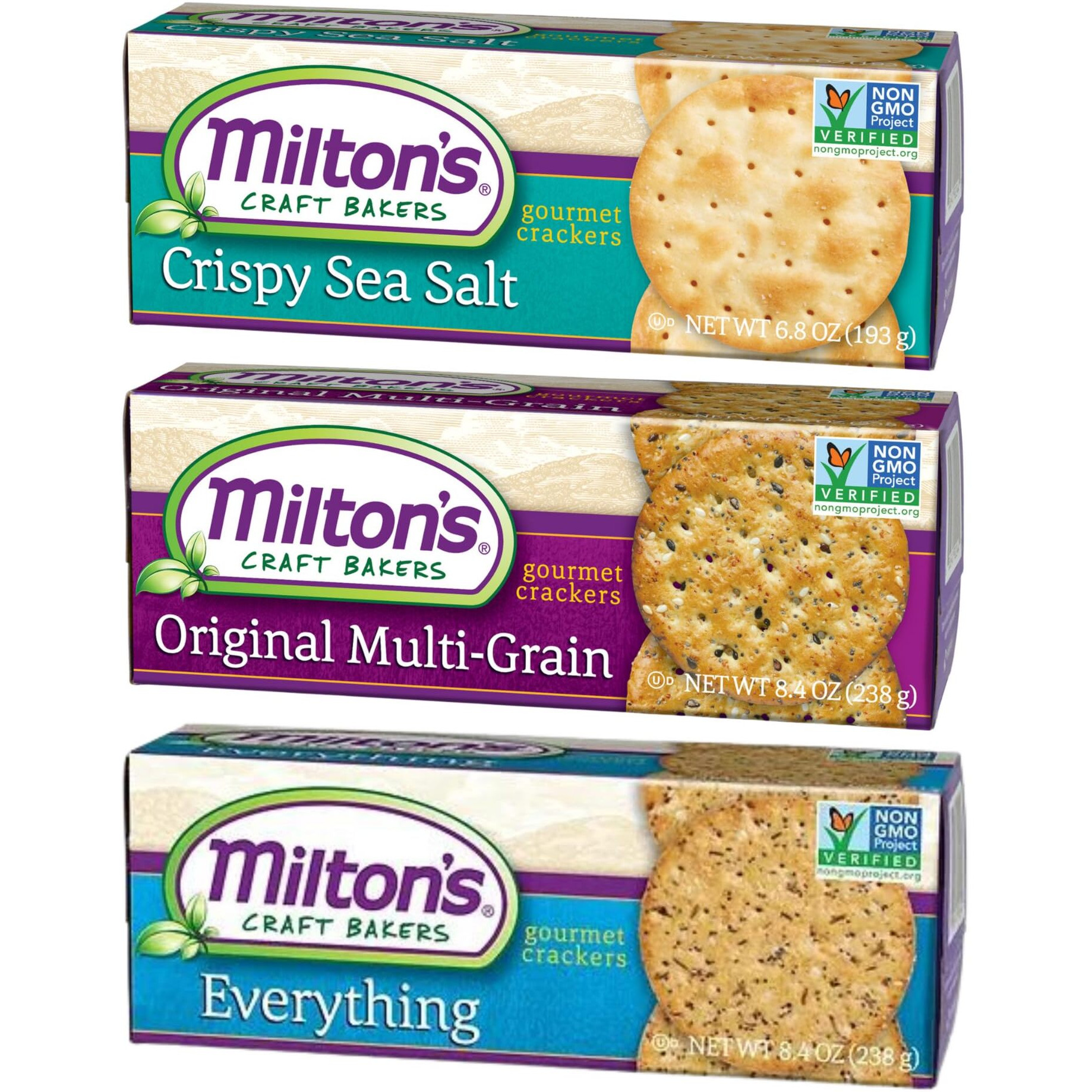 Milton's Craft Bakers Gourmet Crackers Variety Bundle (Multi-Grain, Everything, Crispy Sea Salt) - Non-Gmo Project Verified, All Natural Ingredients, Kosher, Healthy Crackers - 8.4 Oz Each, Pack Of 3