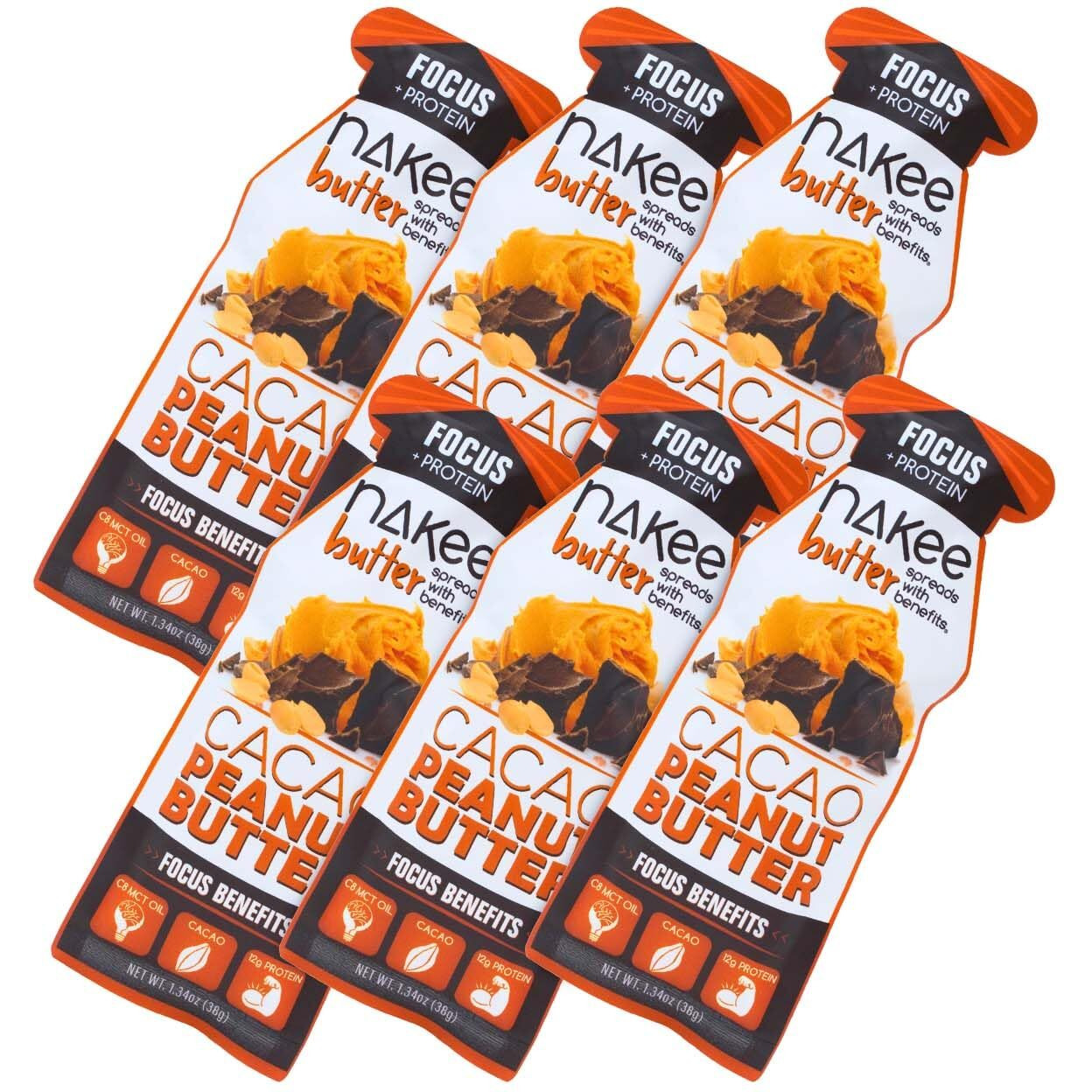 Nakee Butter Focus Nut Butter High-Protein, Low-Carb Keto Peanut Butter With Cacao & Mct Oil, 12G Protein - On-The-Go, 6 Packs.