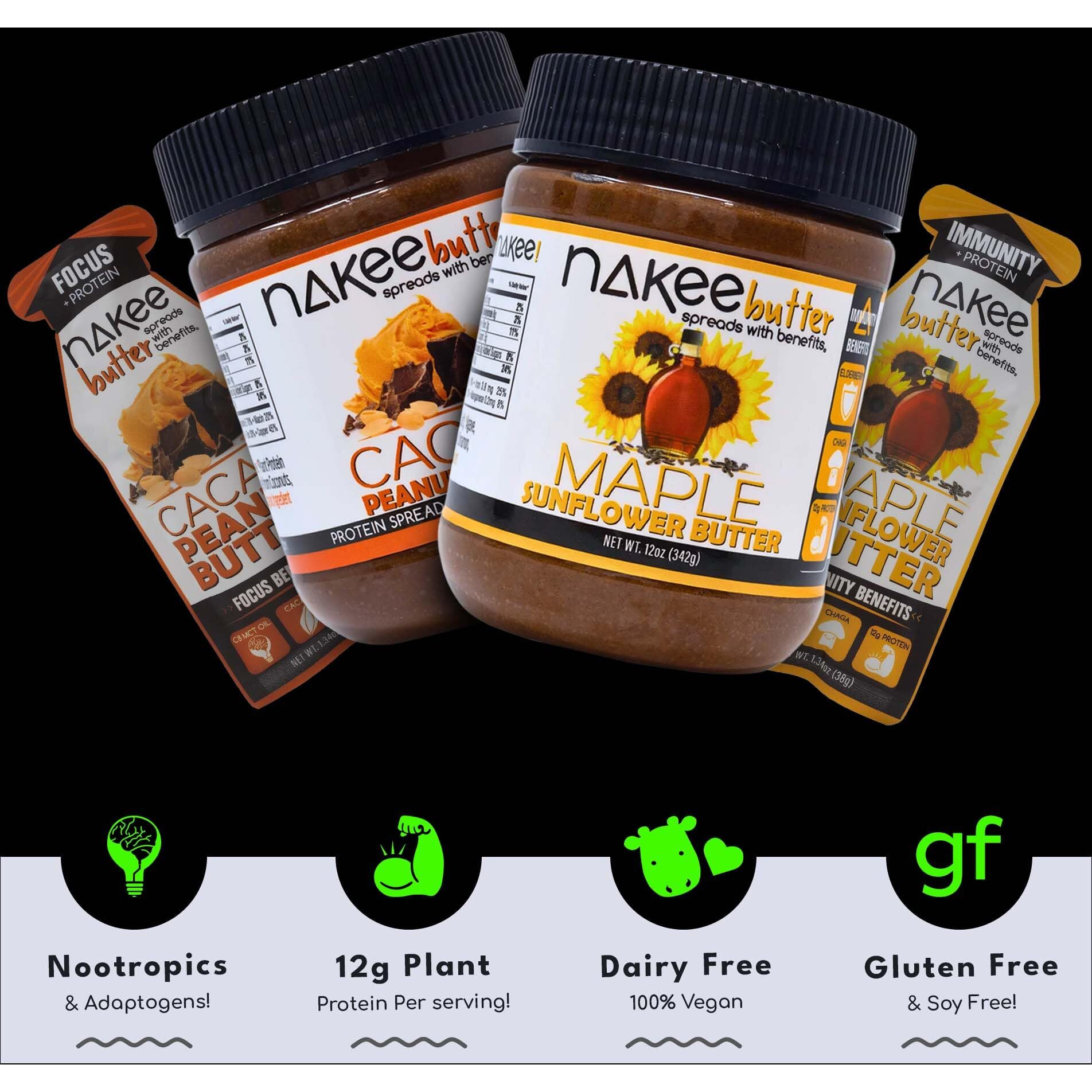 Nakee Butter Focus Nut Butter High-Protein, Low-Carb Keto Peanut Butter With Cacao & Mct Oil, 12G Protein - On-The-Go, 6 Packs.