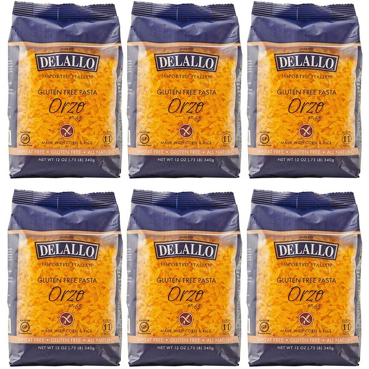 Delallo Gluten Free Orzo Pasta, Made With Corn & Rice, Wheat Free, 12Oz Bag, 6-Pack