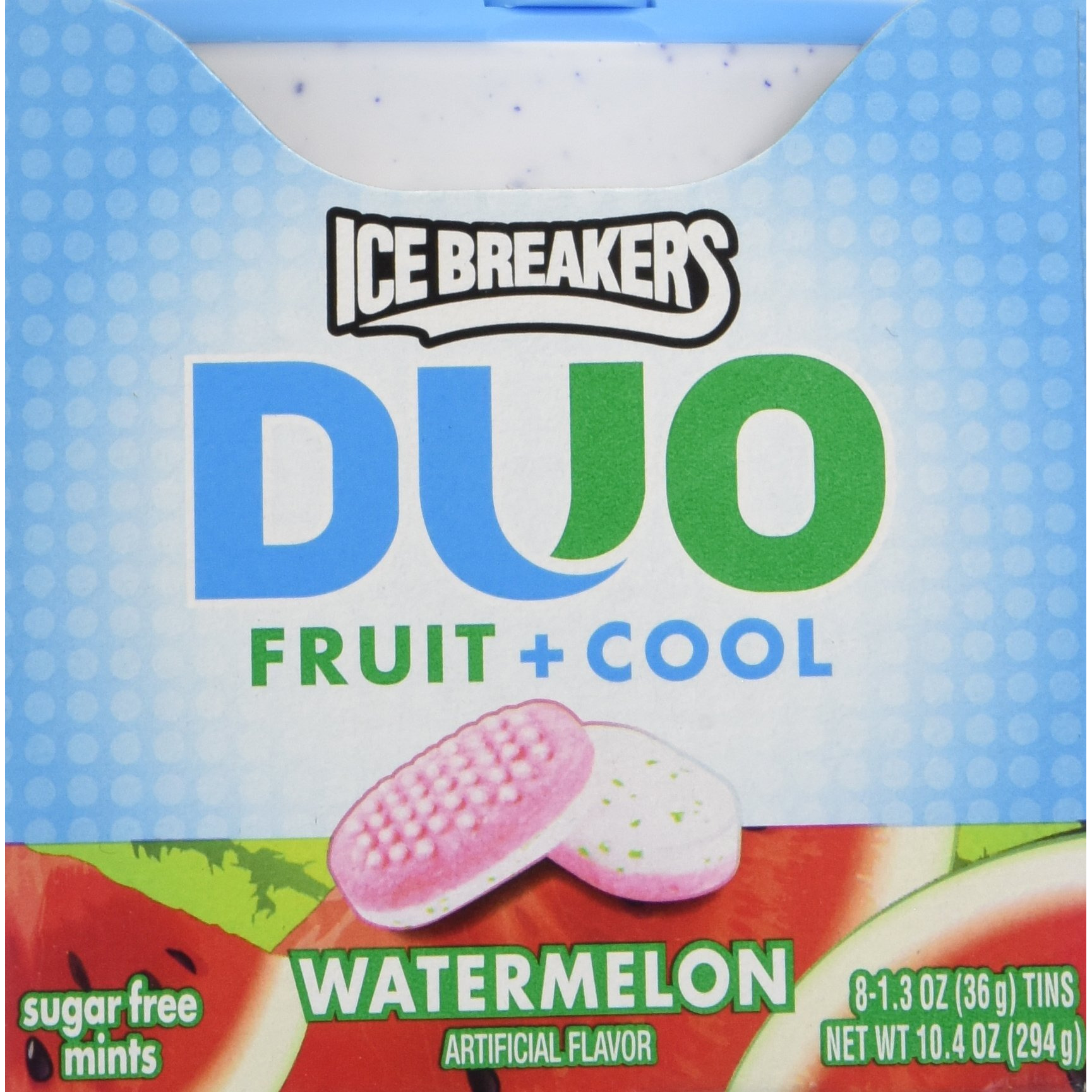 Ice Breakers Duo Fruit + Cool Watermelon Flavor Sugar Free Mints 8-1.3 Oz Tins