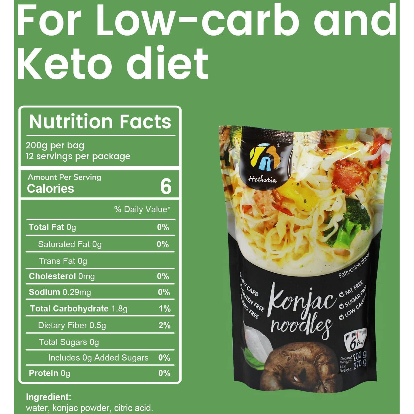 Hethstia Konjac Noodle Fettuccine Low Carb Miracle Noodle Gluten-Free Shirataki Noodle, 57.14 Oz Keto Konjac Ramen, Vegan, Low Calorie Pasta, Non-Gmo, Sugar Free (6-Pack)