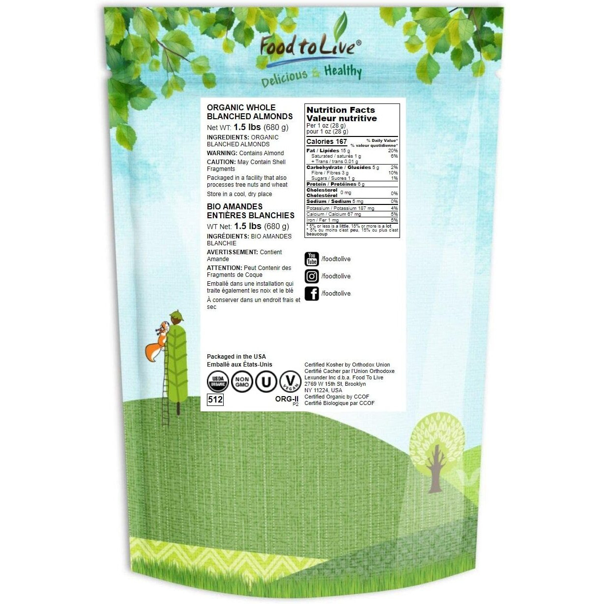 Food To Live Organic Blanched Whole Almonds, 1.5 Pounds - Non-Gmo, Raw, Unpasteurized, Unsalted, Keto, Paleo, Kosher, Bulk, High In Protein, Dietary Fiber, Vitamin E, Copper, And Riboflavin.