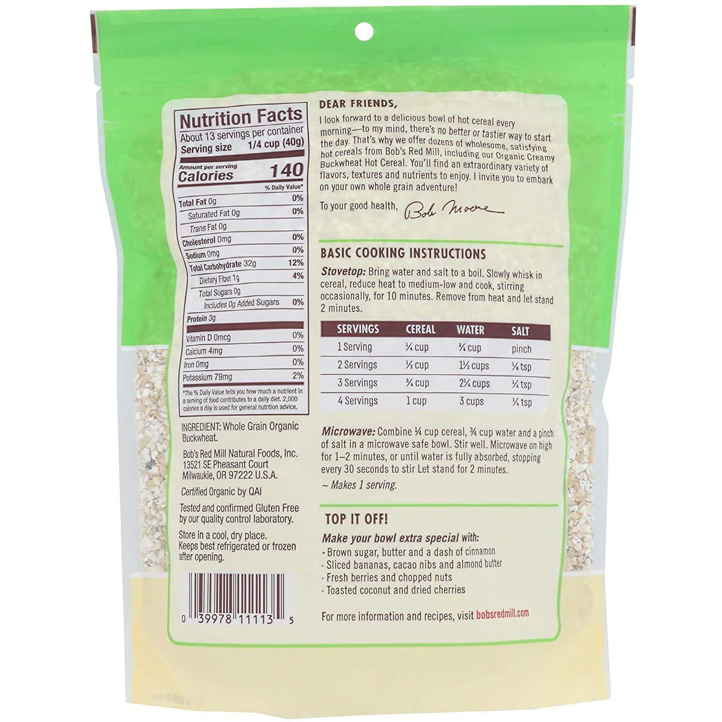 Bob's Red Mill Organic Gluten Free Creamy Buckwheat Hot Cereal, 18 Ounce (Pack Of 4)