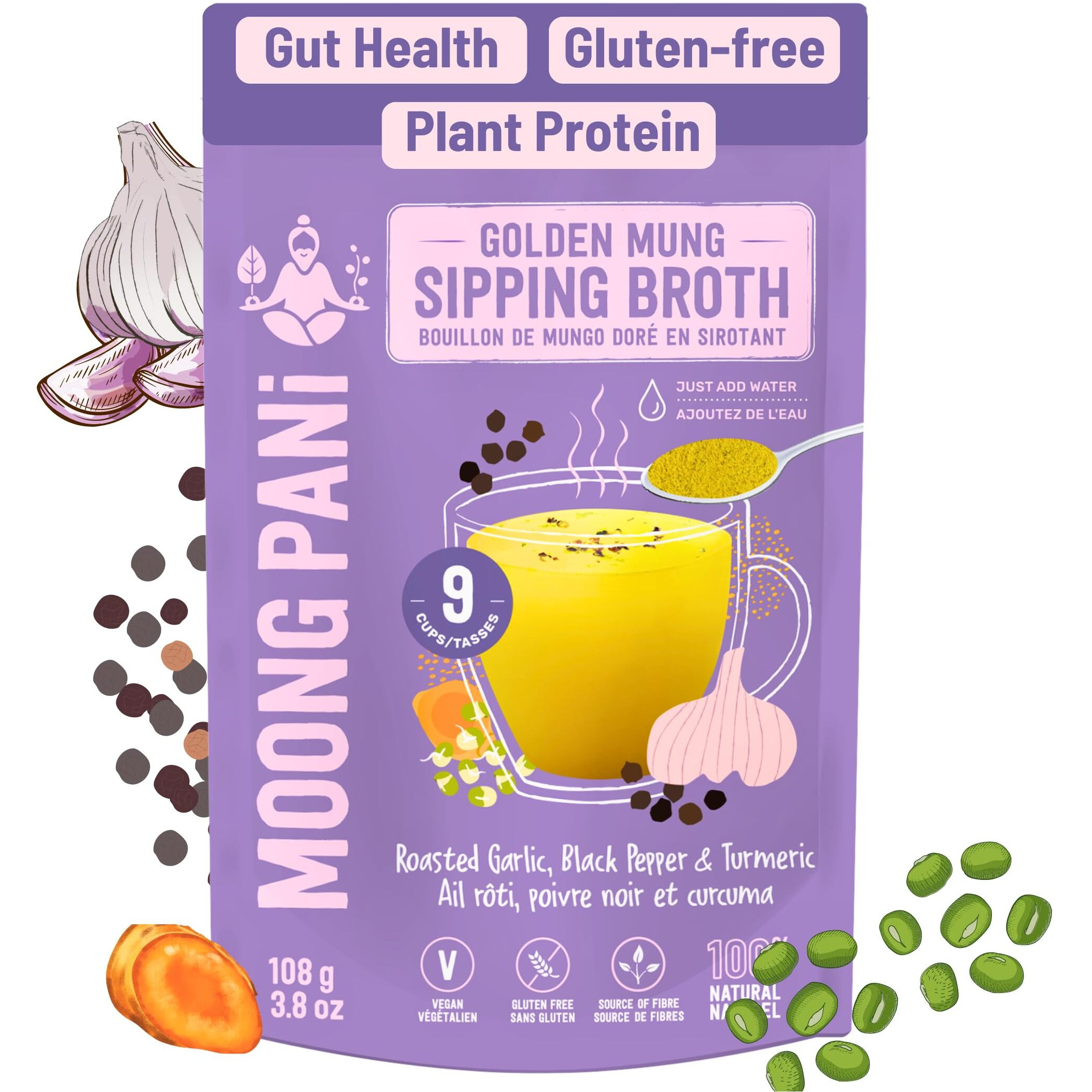 Moong Pani Vegetable Broth Powder, Natural Veggie Soup Lower Sodium (Roasted Garlic & Turmeric) Keto Friendly, Vegan, High Fiber & Protein, Intermittent Fasting, Plan-Based Mung Bean, 9 Servings