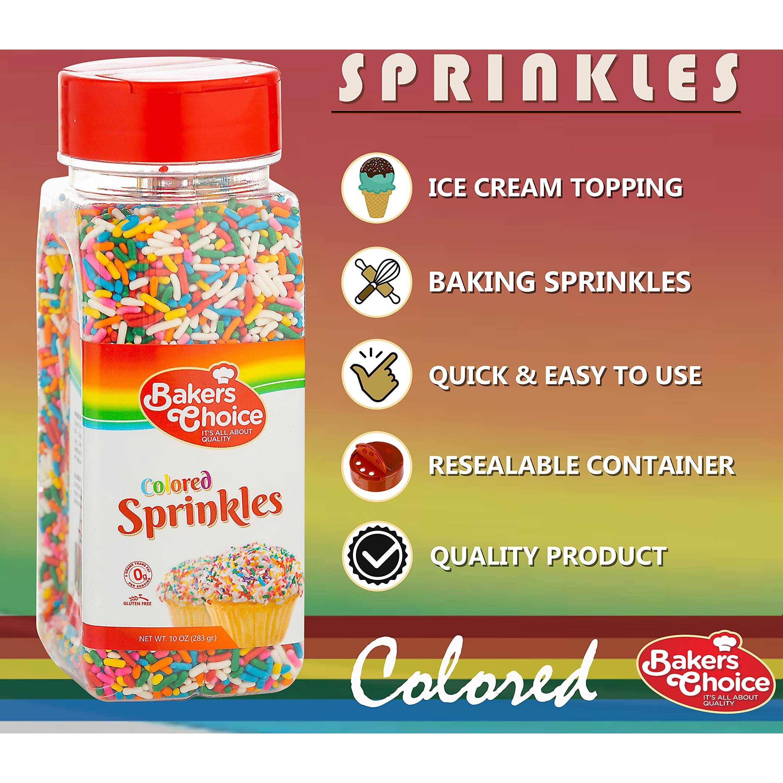 Bakers Choice Rainbow Sprinkles For Baking - Rainbow Jimmies Sprinkles For Ice Cream Toppings - Dairy Free, Kosher 10 Ounce