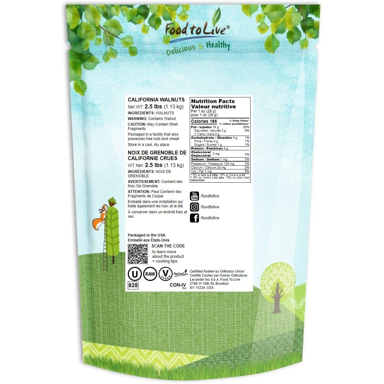 Food To Live - California Walnuts, 2.5 Pounds Halves & Pieces, Raw, Unsalted, Shelled, Kosher, Vegan, Sirtfood, Bulk. Rich In Omega-3 Fatty Acids, Protein