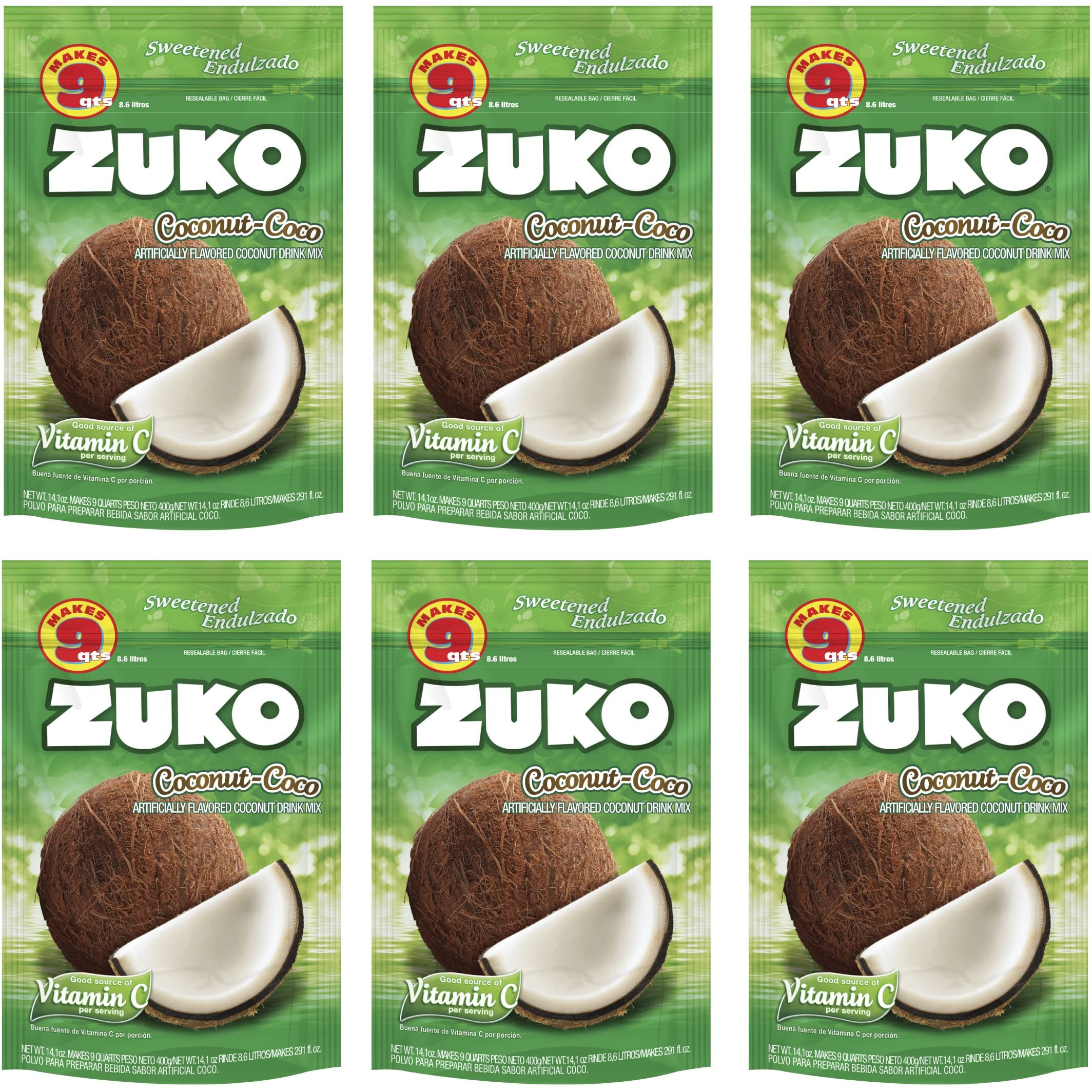 Zuko Coconut Instant Powder Drink | Family Pack | No Sugar Needed | Vitamin C | 14.1 Ounce (Pack Of 6)