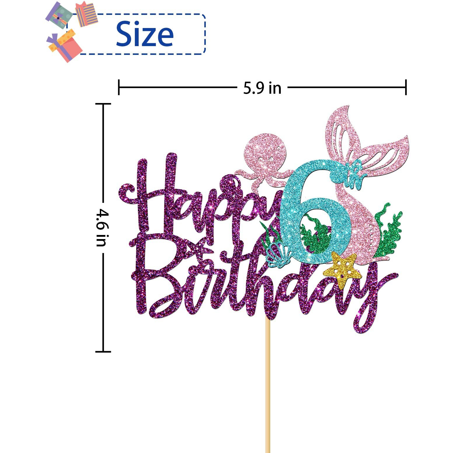 Roadsea Mermaid Happy 6Th Brithday Cake Topper - Under The Sea Theme Girl Kid Six Birthday Cake Supplies/Ocean World 6Th Mermaid Birthday Party Decoration - Purple Glitter (6Th)