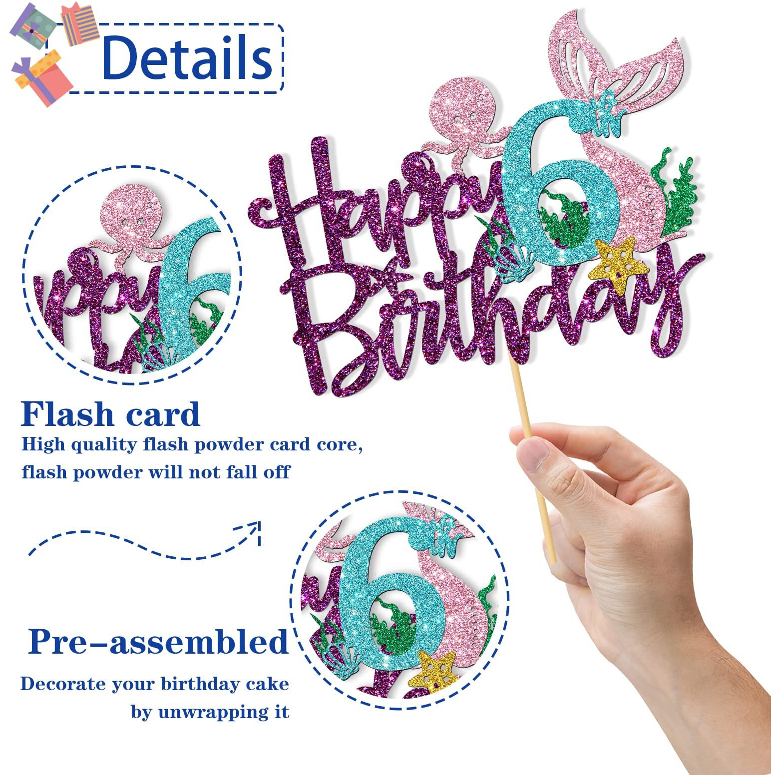 Roadsea Mermaid Happy 6Th Brithday Cake Topper - Under The Sea Theme Girl Kid Six Birthday Cake Supplies/Ocean World 6Th Mermaid Birthday Party Decoration - Purple Glitter (6Th)