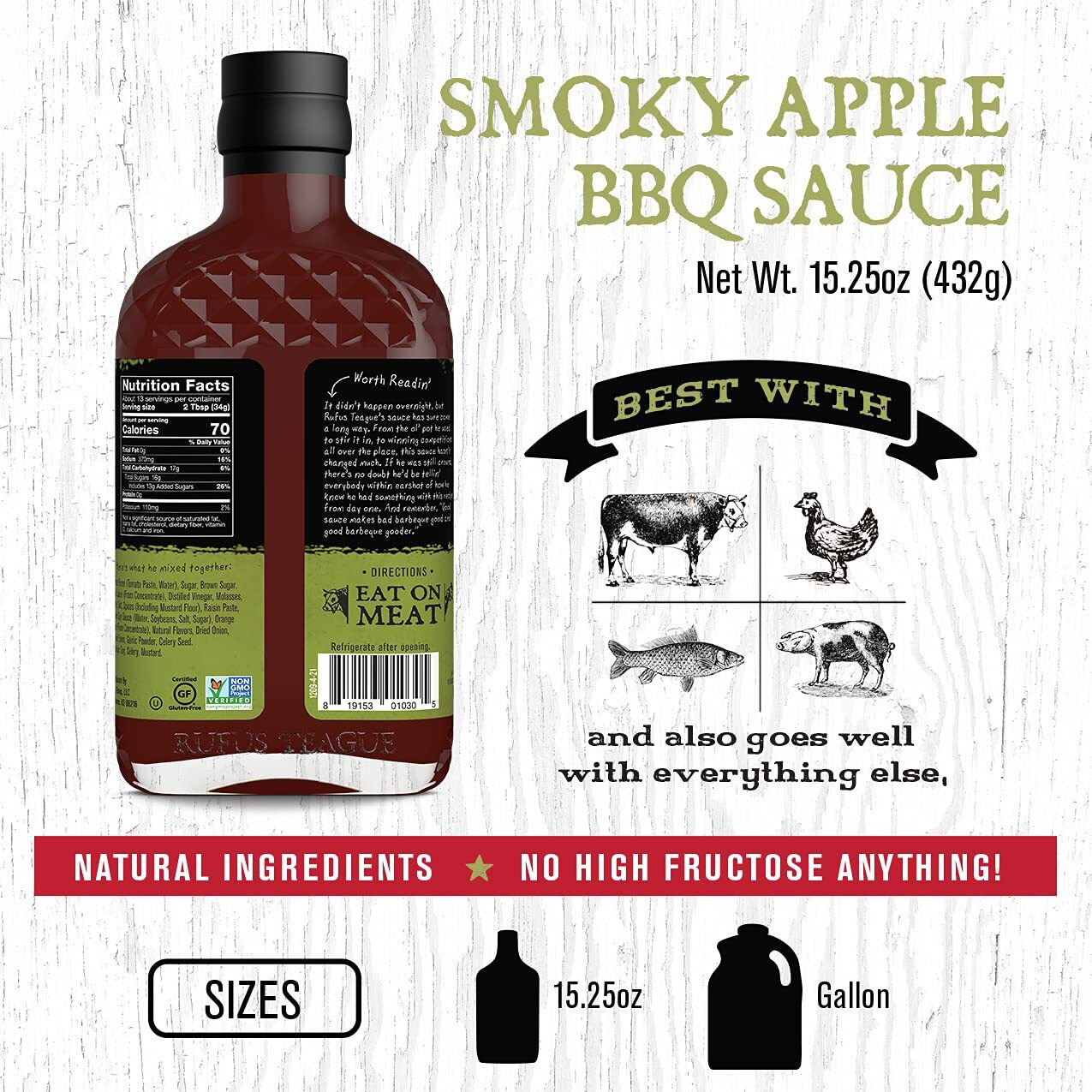 Rufus Teague - Smoky Apple Bbq Sauce - Premium Barbecue Sauce - 15.25 Oz. Bottle