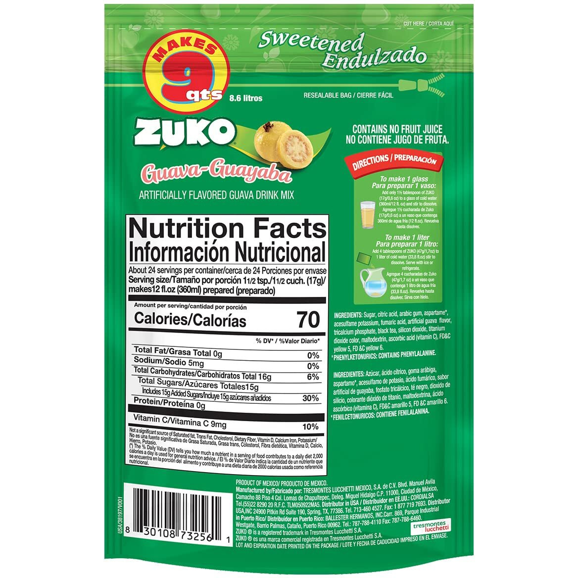 Zuko Guava Instant Powder Drink | Family Pack | No Sugar Needed | Vitamin C | 14.1 Ounce (Pack Of 6)