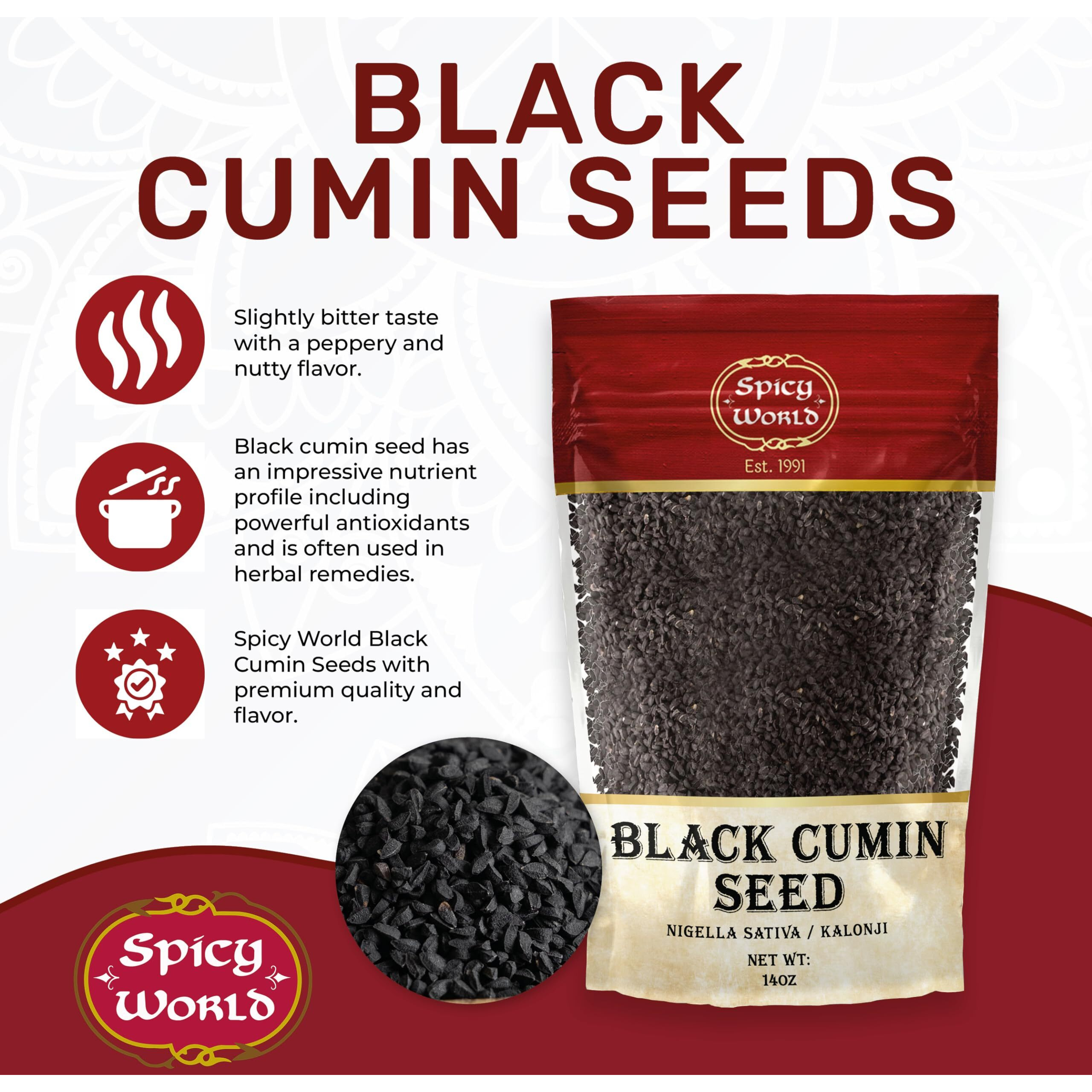 Spicy World Black Cumin Seeds 14Oz Bulk Bag - Nigella Sativa - Resealable Bag | Whole Black Seed (Kalonji) Great For Health, Making Black Seed Oil & More
