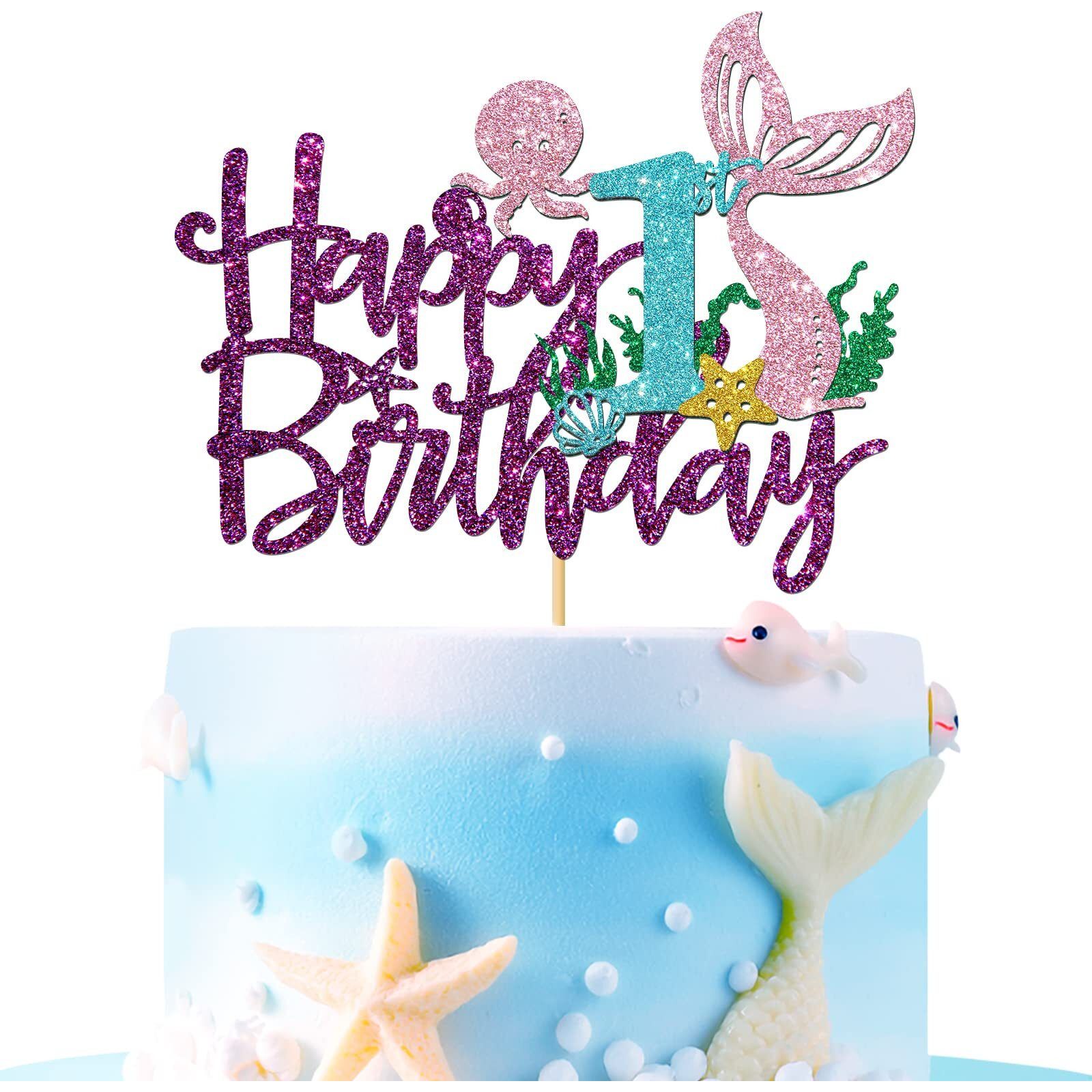 Roadsea Mermaid Happy 1St Brithday Cake Topper - Under The Sea Theme Girl Kid First Birthday Cake Supplies/Ocean World One Mermaid Birthday Party Decoration - Purple Glitter (1St)