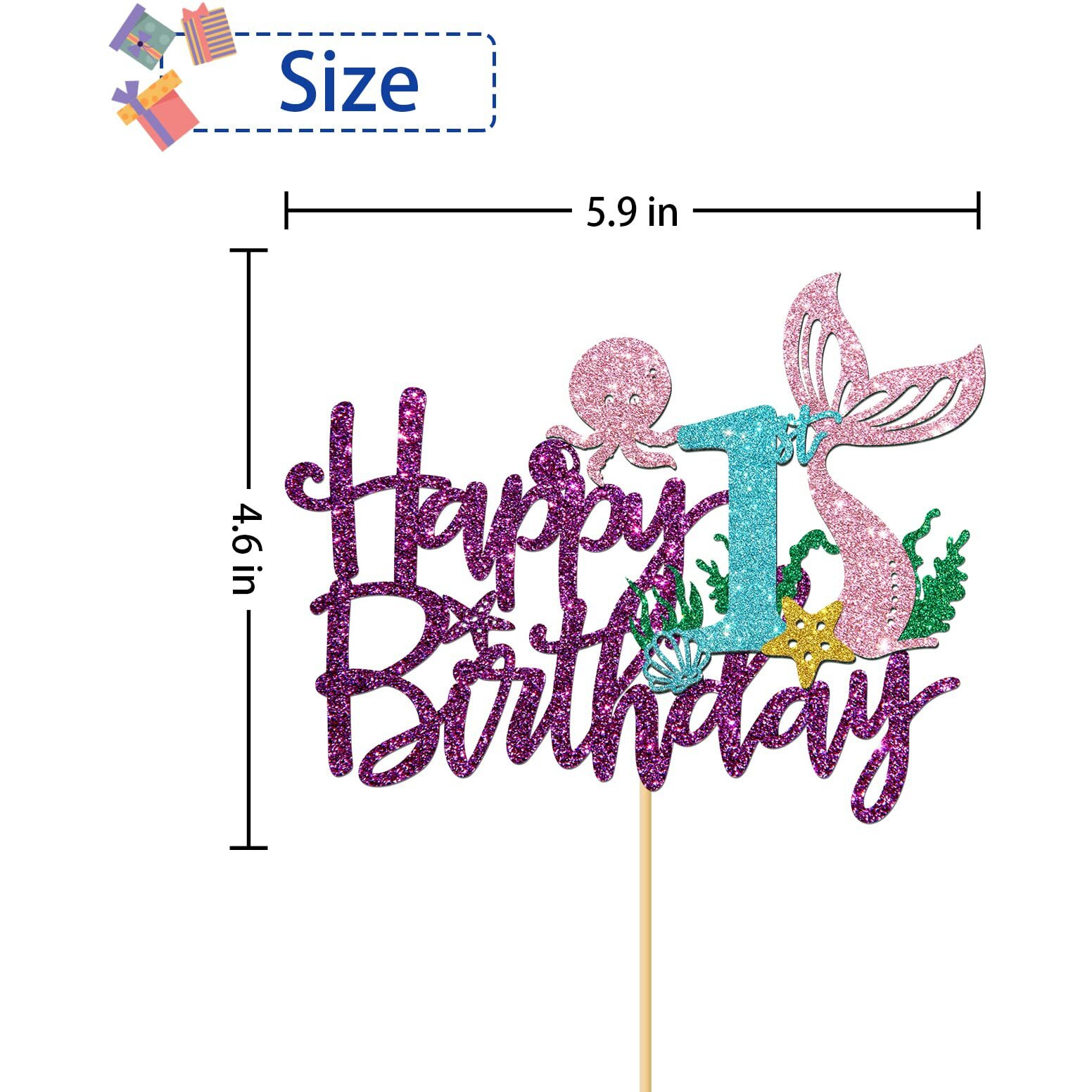 Roadsea Mermaid Happy 1St Brithday Cake Topper - Under The Sea Theme Girl Kid First Birthday Cake Supplies/Ocean World One Mermaid Birthday Party Decoration - Purple Glitter (1St)