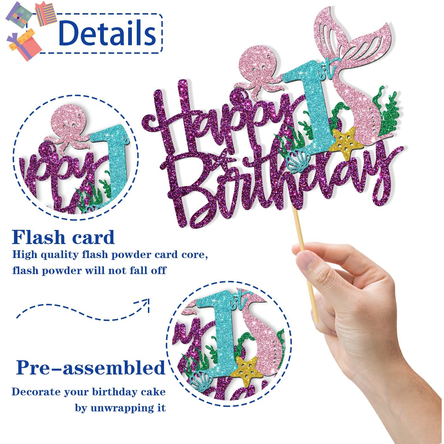 Roadsea Mermaid Happy 1St Brithday Cake Topper - Under The Sea Theme Girl Kid First Birthday Cake Supplies/Ocean World One Mermaid Birthday Party Decoration - Purple Glitter (1St)