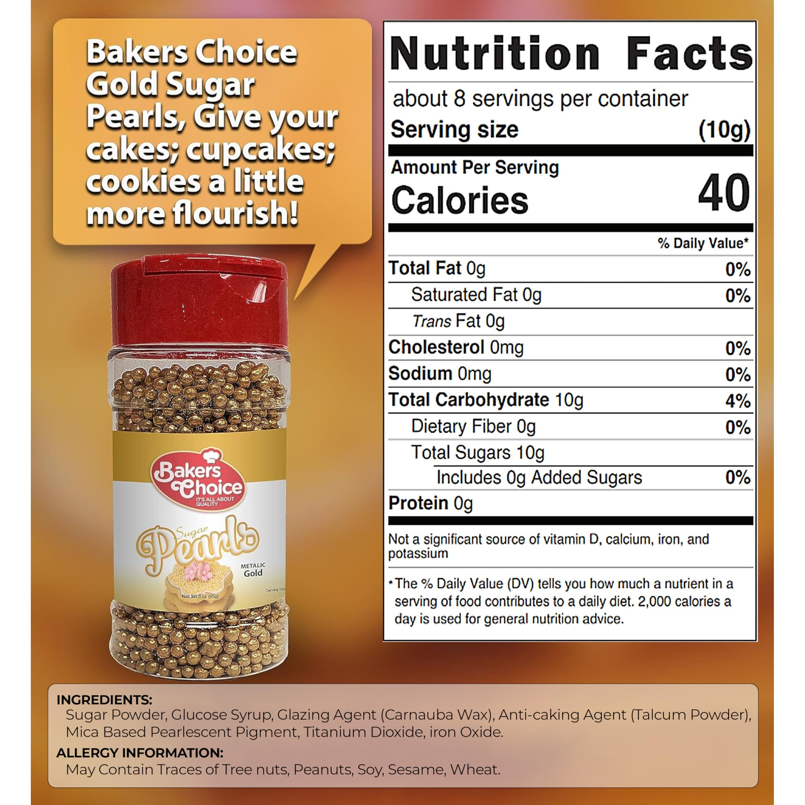 Bakers Choice Edible Pearls - Pearl Sprinkles - Metallic Gold Sugar Pearls - Dairy Free - Kosher - 3 Oz.