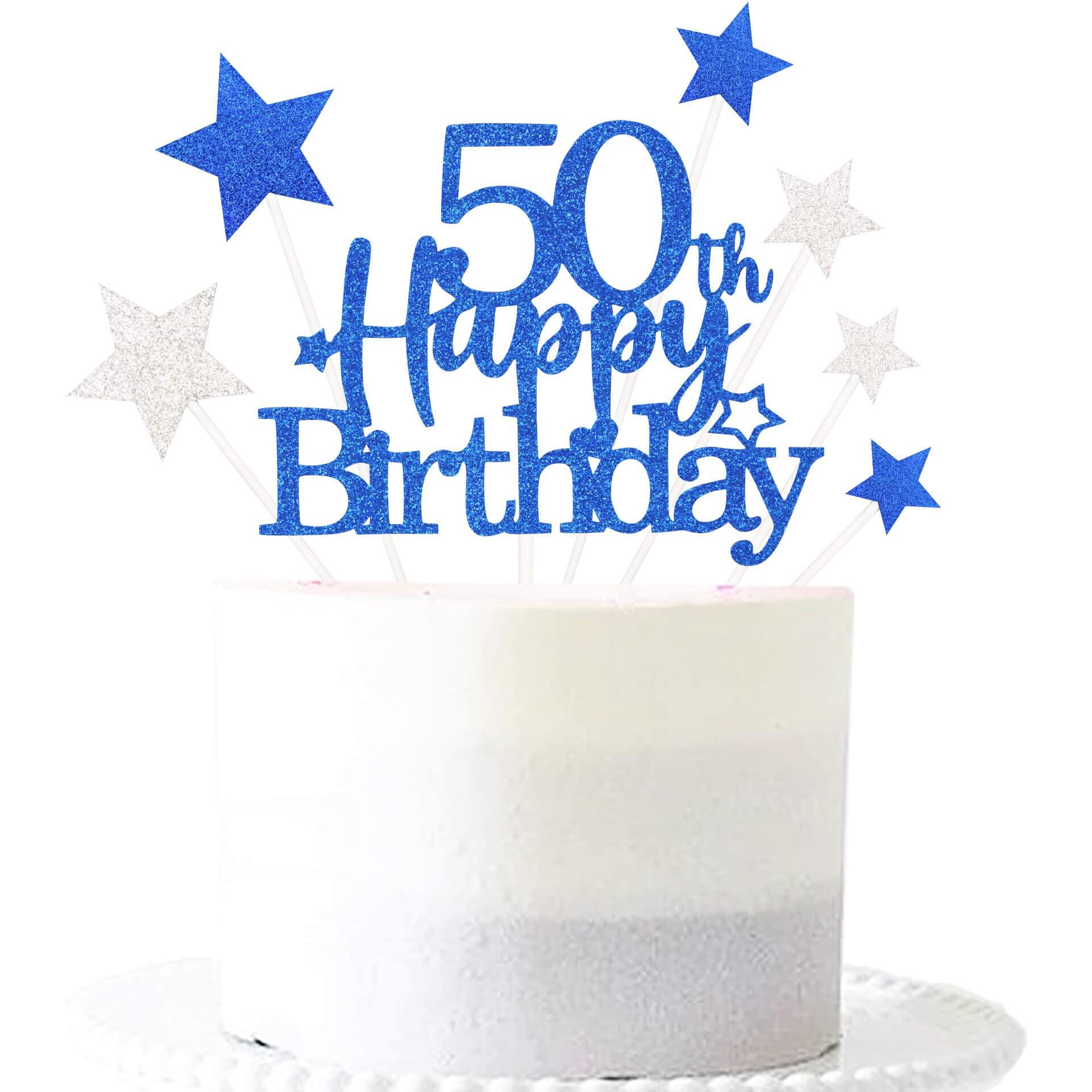 Pargleev Glittery 50Th Happy Birthday Cake Topper With Star,Personalised 50 Birthday Cake Toppers Party Decorations Party Supplies For Men Women Blue