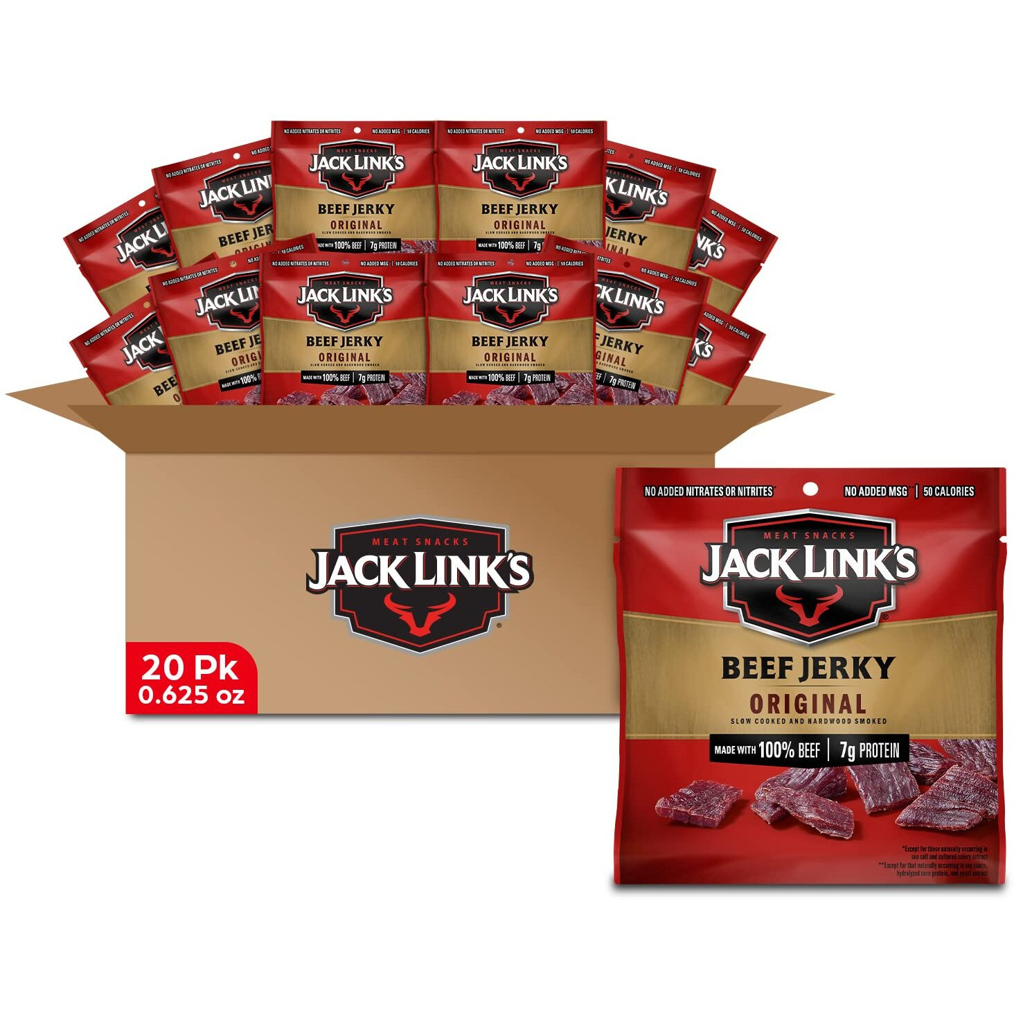 Jack Link's Beef Jerky, Original, Multipack Bags - Flavorful Meat Snacks For Lunches, Ready To Eat, Individual Packs - 7G Of Protein, Made With 100% Beef - 0.625 Oz (Pack Of 20)