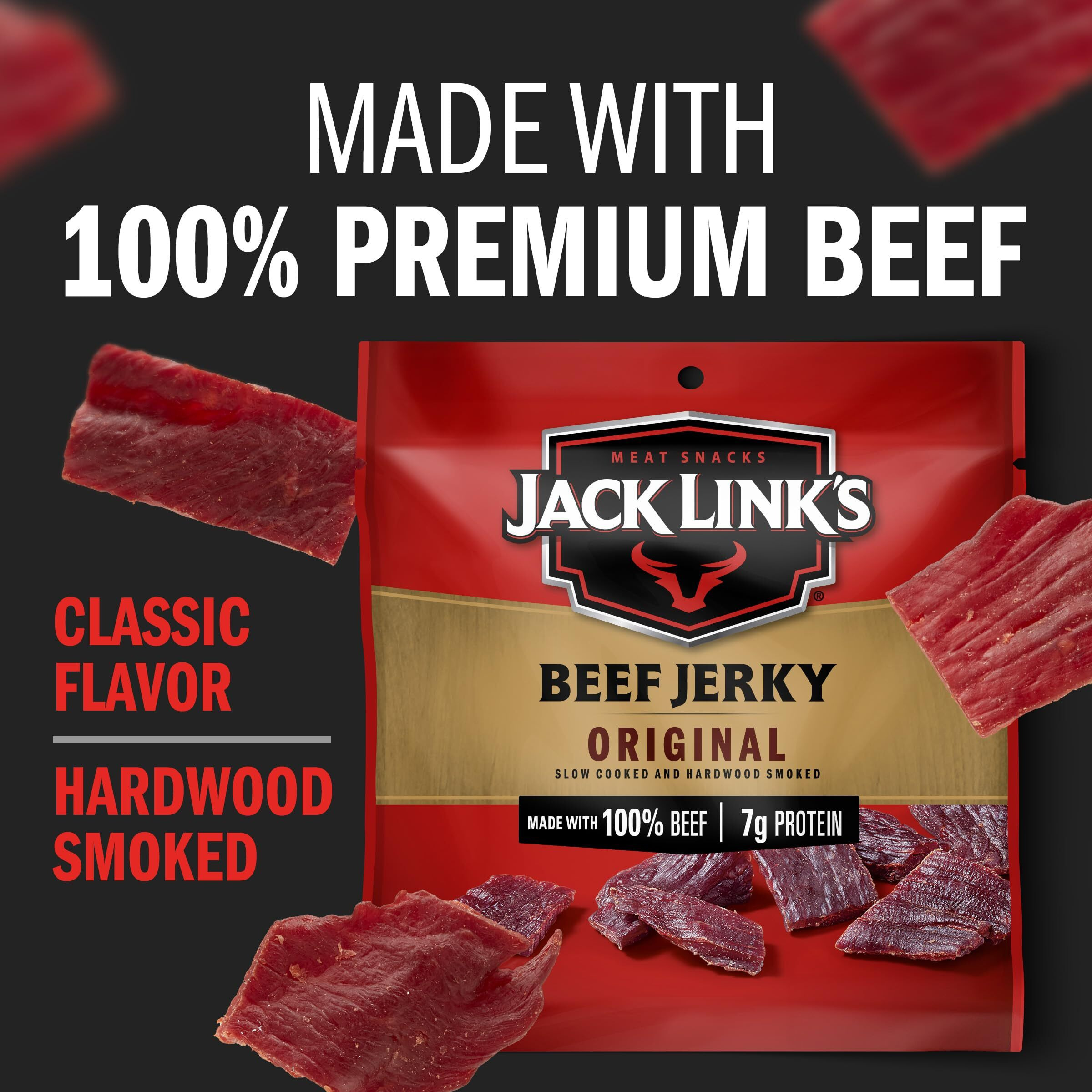 Jack Link's Beef Jerky, Original, Multipack Bags - Flavorful Meat Snacks For Lunches, Ready To Eat, Individual Packs - 7G Of Protein, Made With 100% Beef - 0.625 Oz (Pack Of 20)