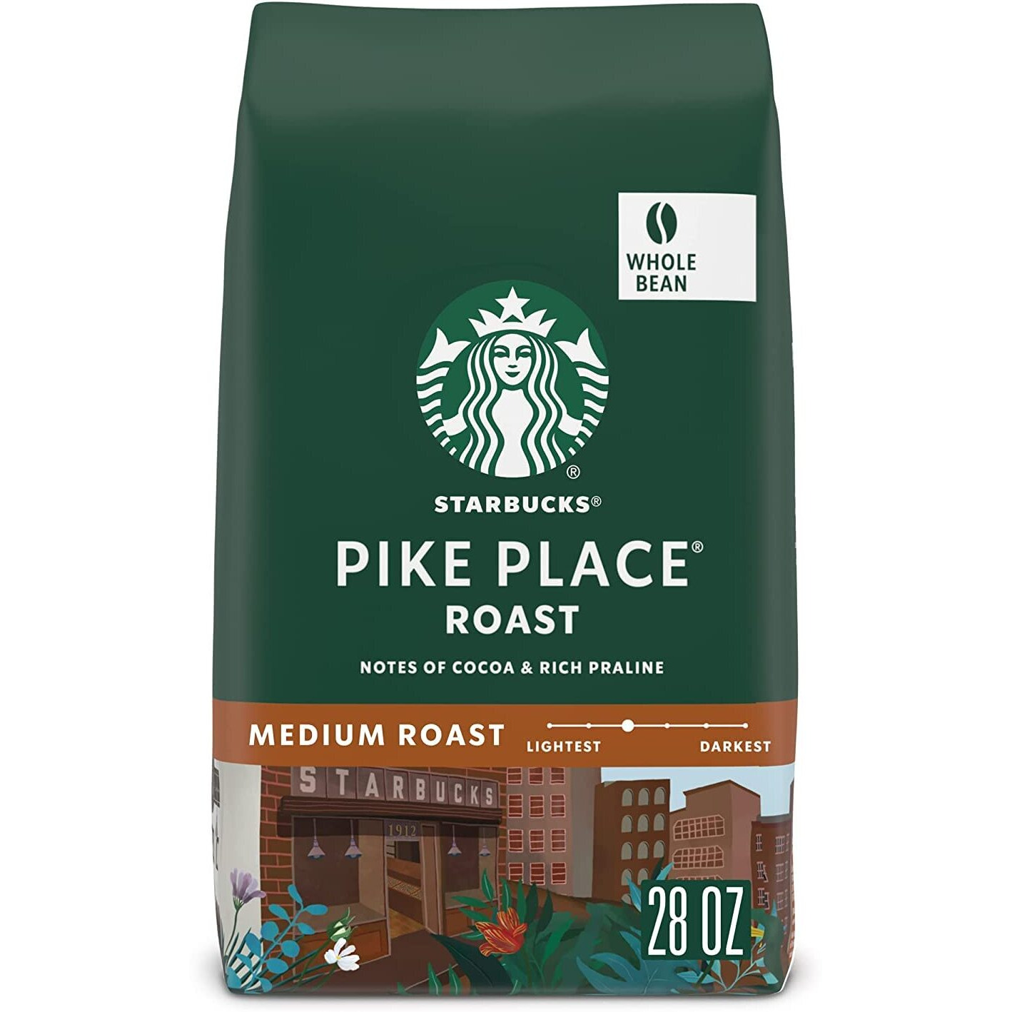 Starbucks Whole Bean Coffee, Medium Roast Coffee, Pike Place Roast, 100% Arabica, 1 Bag (28 Oz)