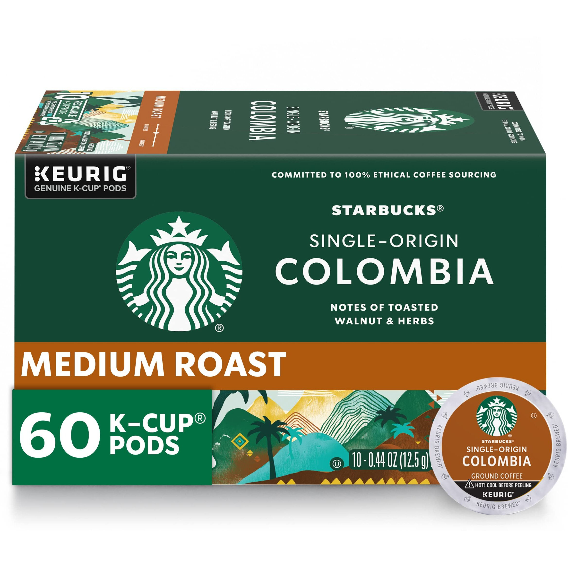 Starbucks K-Cup Coffee Pods, Medium Roast Coffee, Colombia, 100% Arabica, 6 Boxes (60 Pods Total)