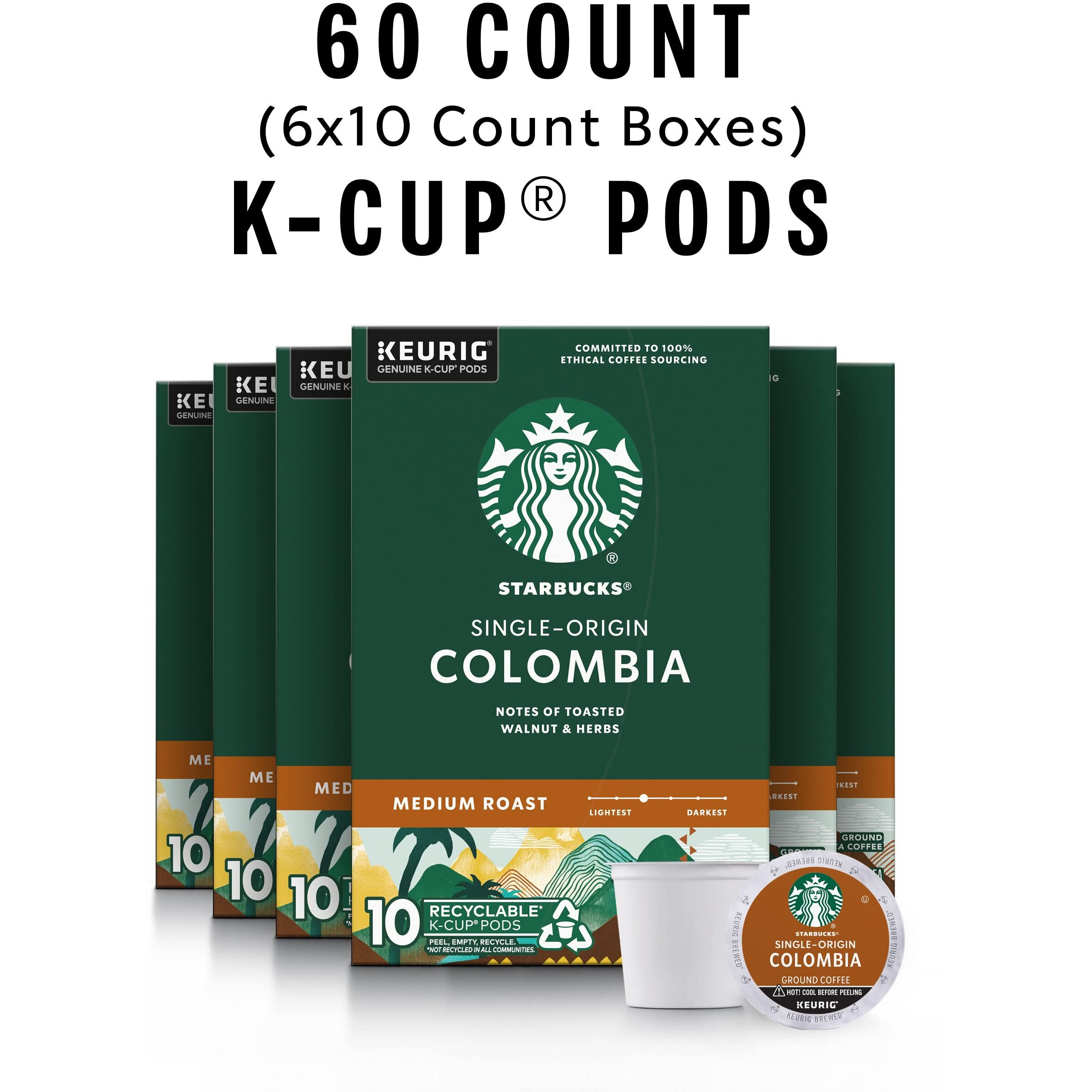 Starbucks K-Cup Coffee Pods, Medium Roast Coffee, Colombia, 100% Arabica, 6 Boxes (60 Pods Total)