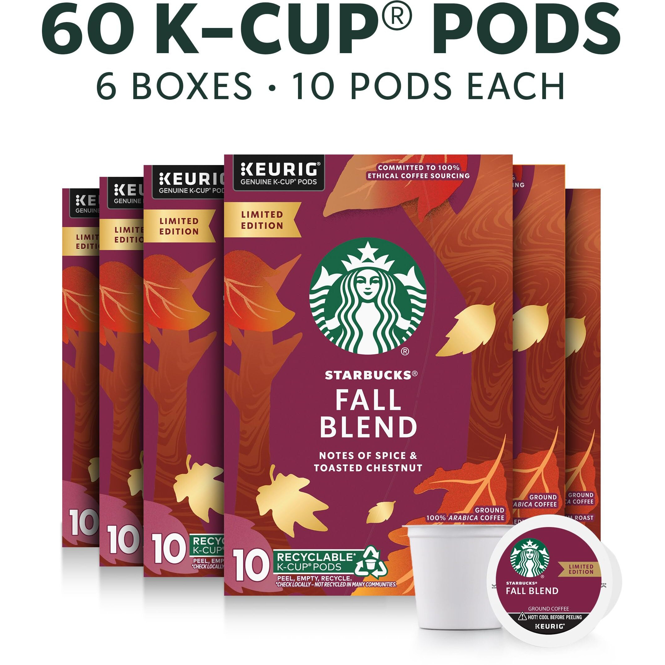 Starbucks K-Cup Coffee Pods, Medium Roast Coffee For Keurig Coffee Makers, Fall Blend, 100% Arabica, Limited Edition, 6 Boxes (60 Pods Total)