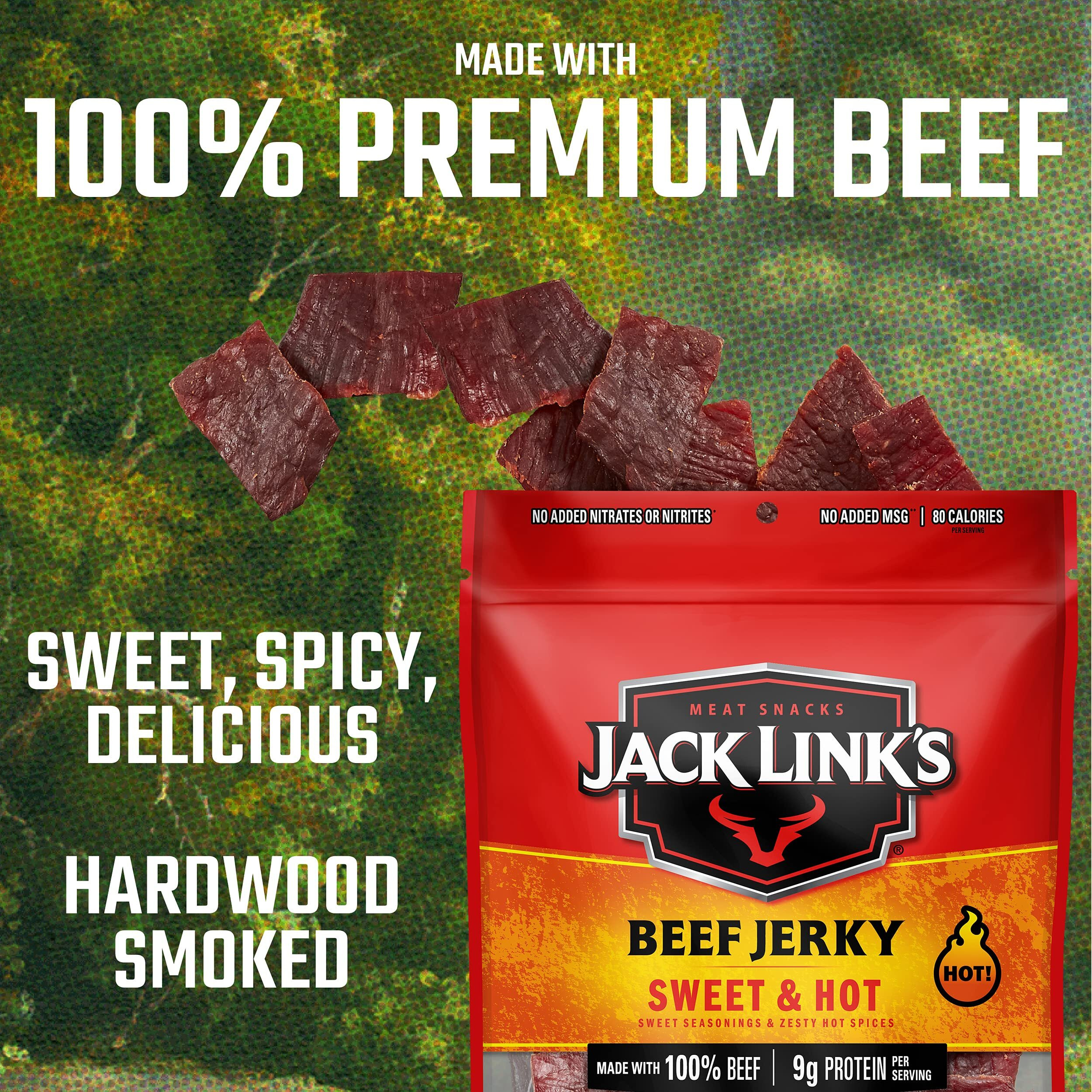 Jack Link's Beef Jerky, Sweet & Hot - Spicy Everyday Snack, 9G Of Protein And 80 Calories, Made With 100% Beef - 96% Fat Free, No Added Msg** - 9 Oz. (Pack Of 2)