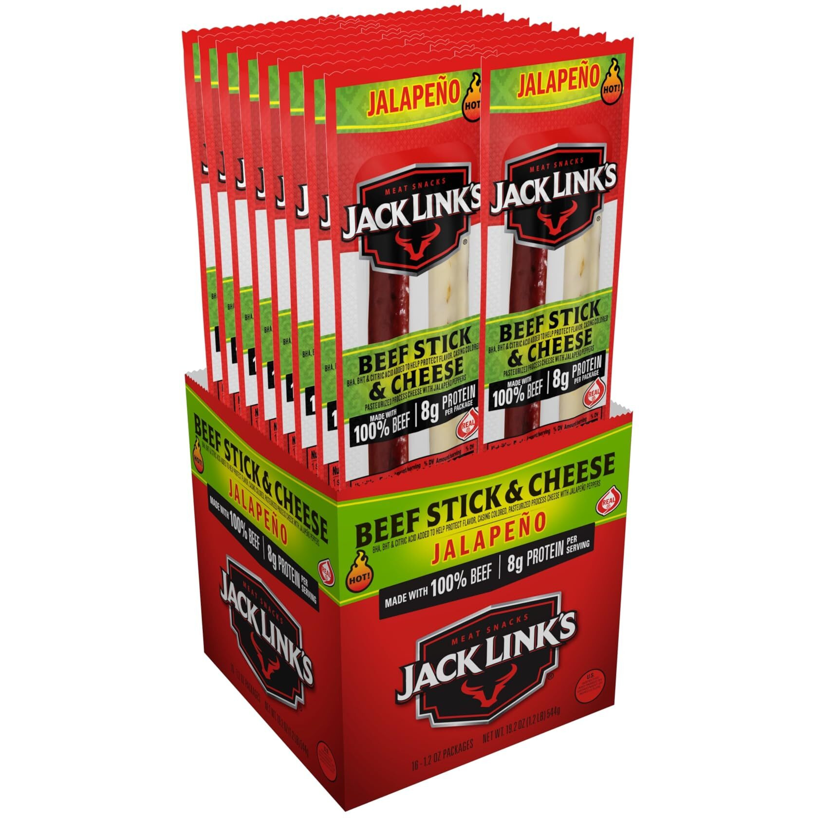 Jack Links Jalapeno Beef & Cheese Combo, Spicy Snack Pack - 100% Beef Stick And Cheese Stick Made With Real Wisconsin Cheese - 8G Protein, 1.2 Ounce (Pack Of 16)
