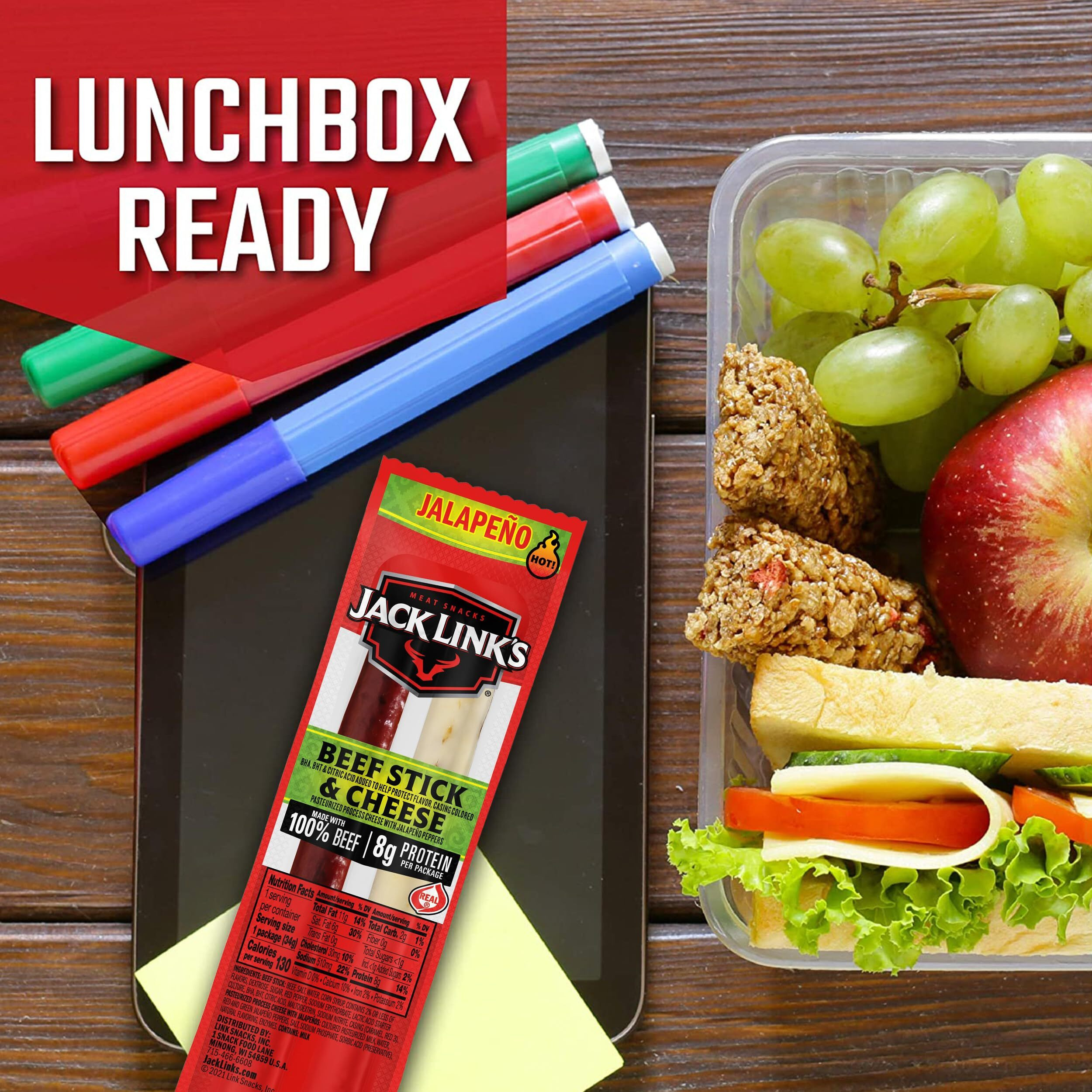 Jack Links Jalapeno Beef & Cheese Combo, Spicy Snack Pack - 100% Beef Stick And Cheese Stick Made With Real Wisconsin Cheese - 8G Protein, 1.2 Ounce (Pack Of 16)
