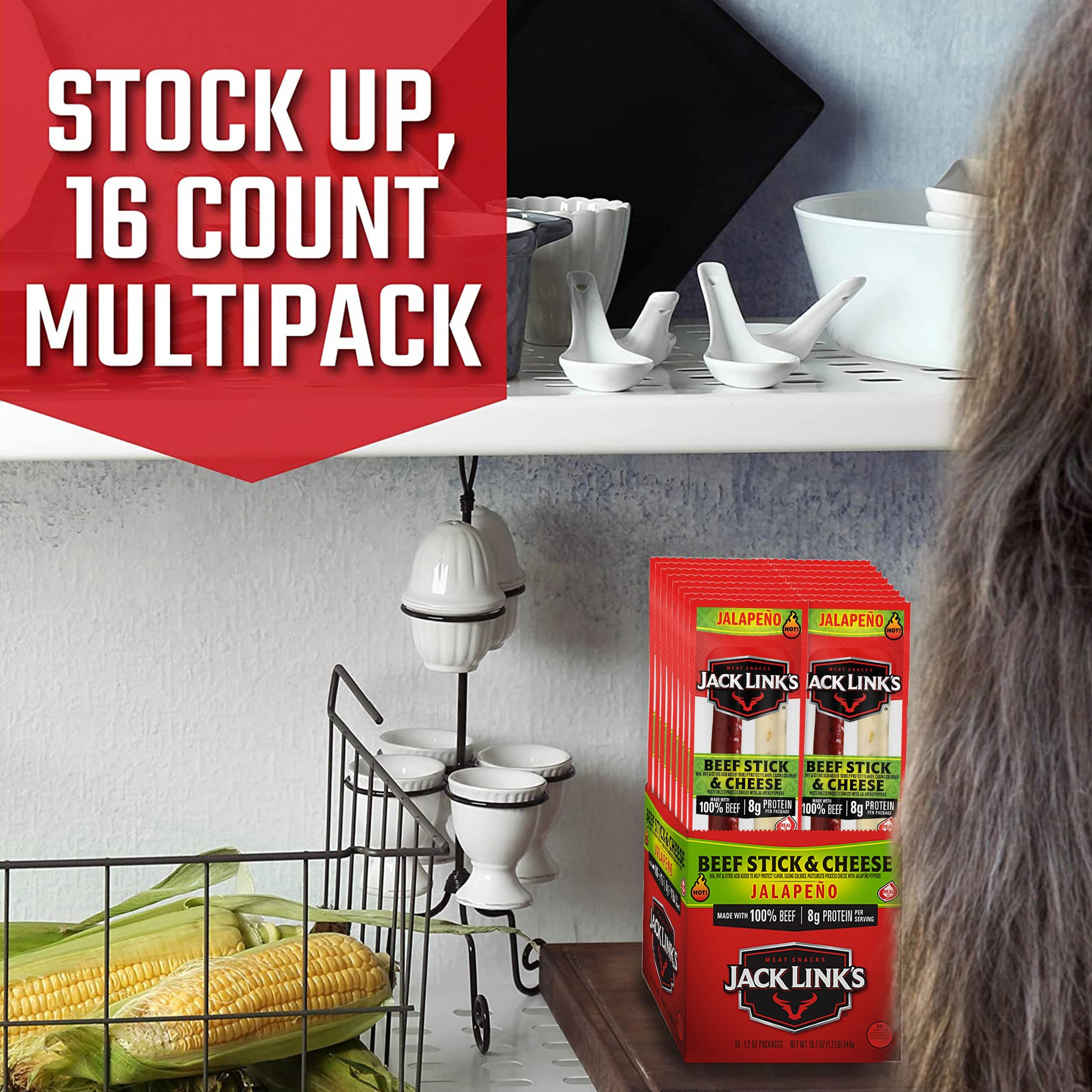 Jack Links Jalapeno Beef & Cheese Combo, Spicy Snack Pack - 100% Beef Stick And Cheese Stick Made With Real Wisconsin Cheese - 8G Protein, 1.2 Ounce (Pack Of 16)