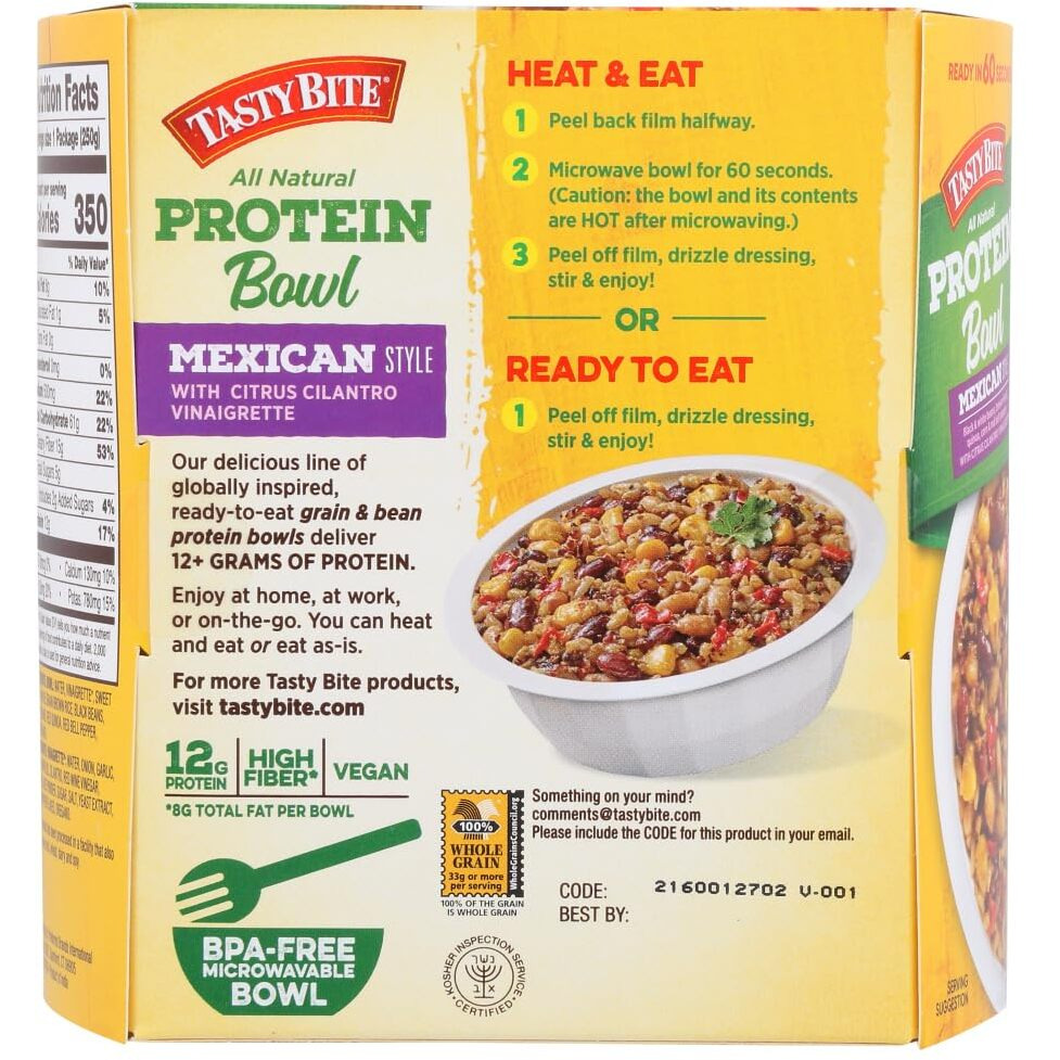 Tasty Bite Mexican Protein Bowl, 8.8 Ounce, Pack Of 6, Ready To Eat, Microwaveable, Vegan, 12G Plant Protein, Tangy Citrus