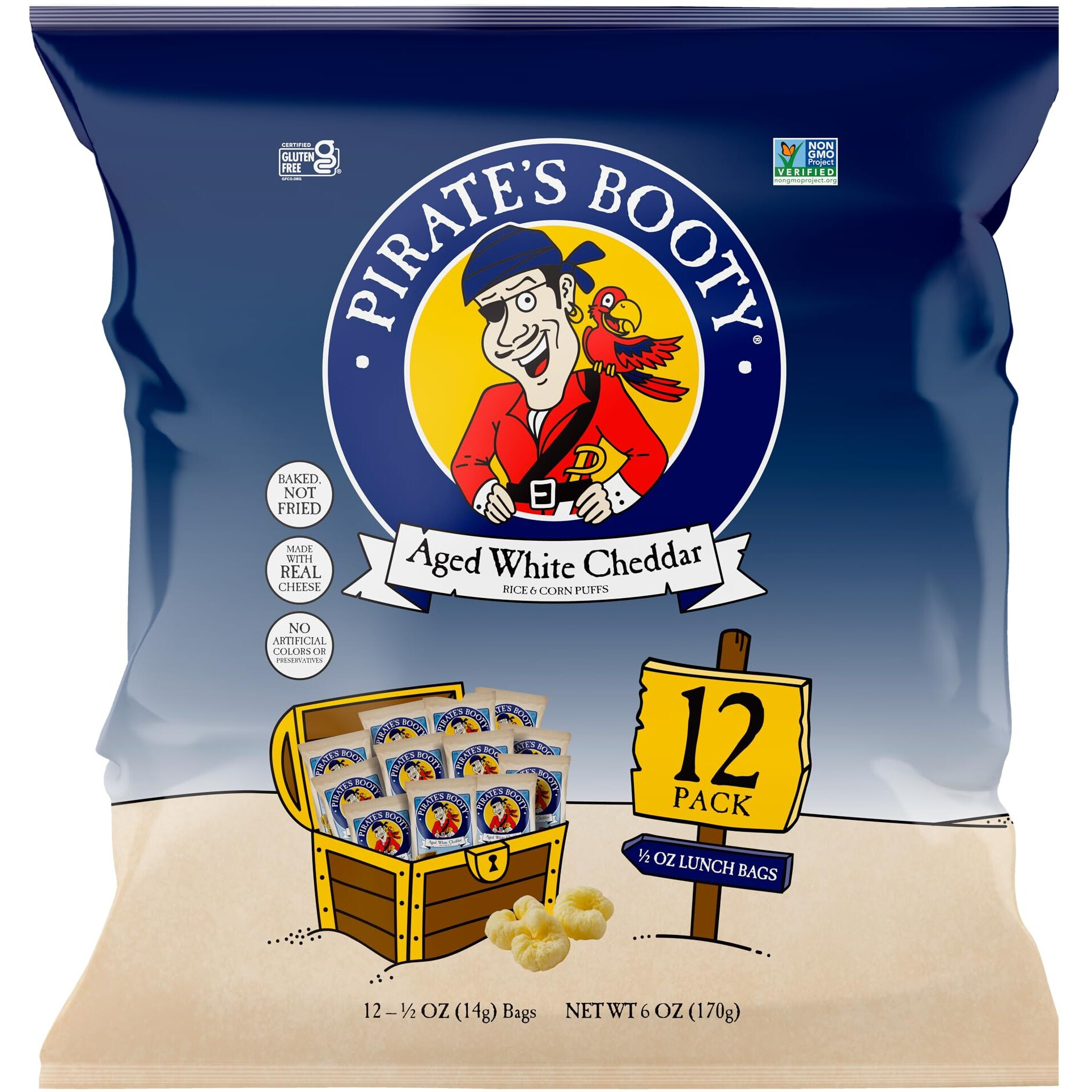 Pirate's Booty Aged White Cheddar Cheese Puffs, Gluten Free, Halloween, Healthy Kids Snacks, 0.5Oz Individual Size Snack Bags (12 Count)