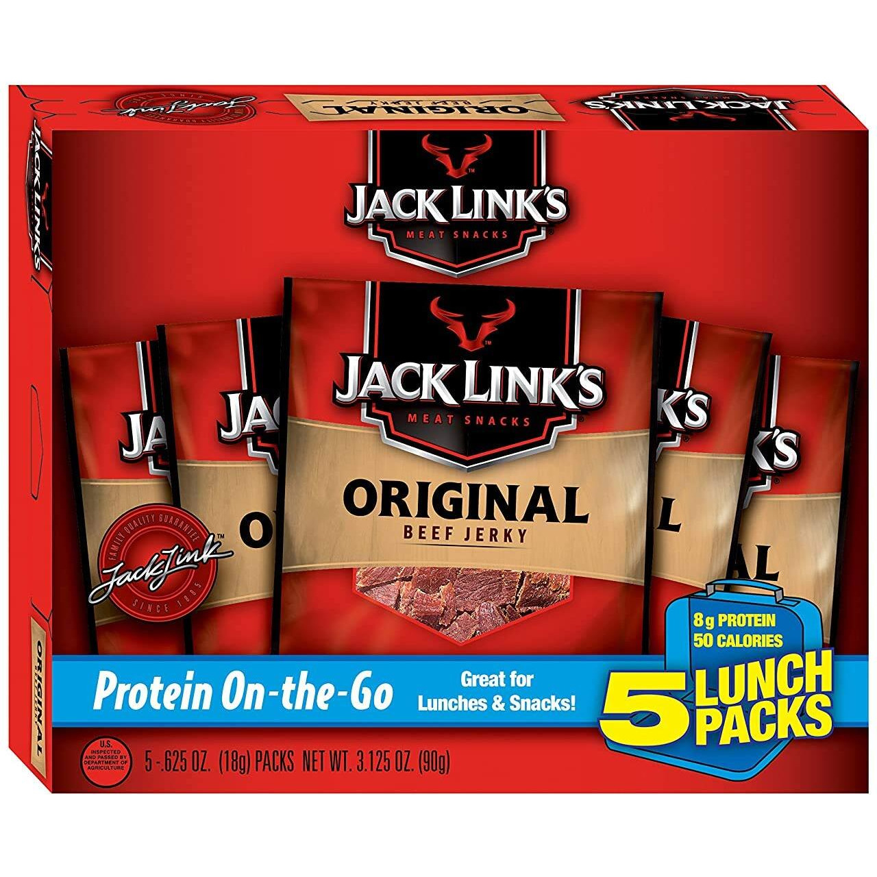 Jack Link's Beef Jerky 5 Count Multipack, Original, 5, 0.625 Oz. Bags - Flavorful Meat Snack For Lunches, Ready To Eat - 7G Of Protein, Made With 100% Beef - No Added Msg** Or Nitrates/Nitrites