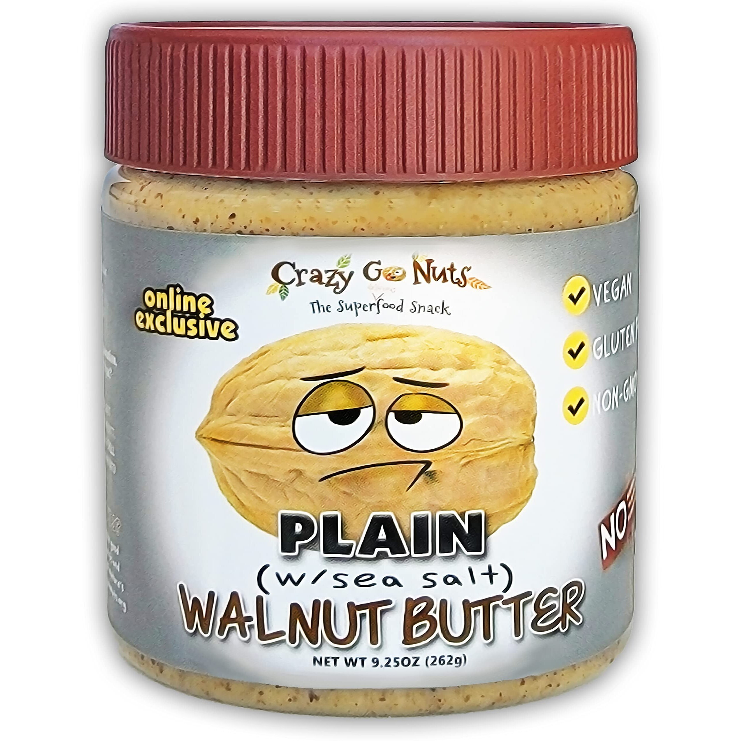 Crazy Go Nuts Walnut Butter - Plain W/ Sea Salt - Healthy Snacks, Keto, Vegan, Low Carb, Gluten Free, Superfood - Natural, Non-Gmo, Ala, Omega 3 Fatty Acids, Good Fats And Antioxidants - 9.25 Oz (1-Pack)