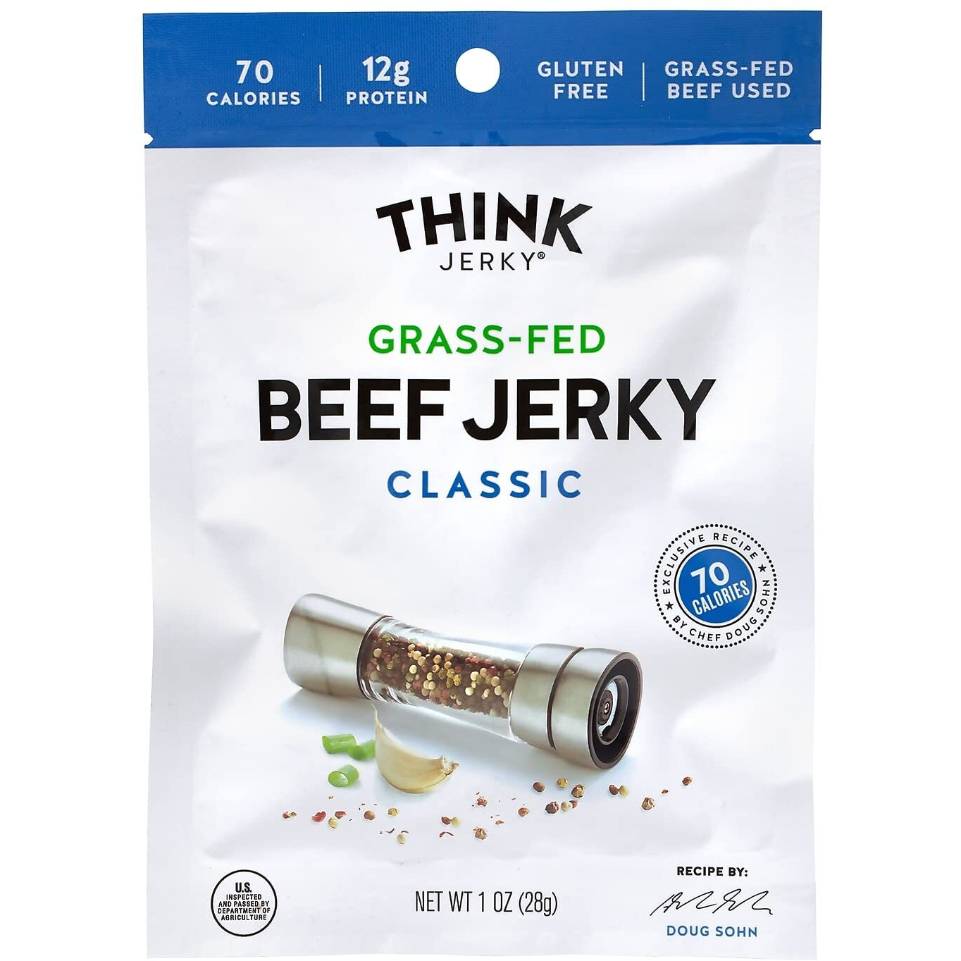 Think Jerky, Classic Beef Jerky (1.0 Ounce Bags, Pack Of 12 Bags) - Chef-Crafted, Grass-Fed Beef, Gluten Free, No Antibiotics Or Nitrates - Healthy Protein Snack, Low Calorie And Low Fat