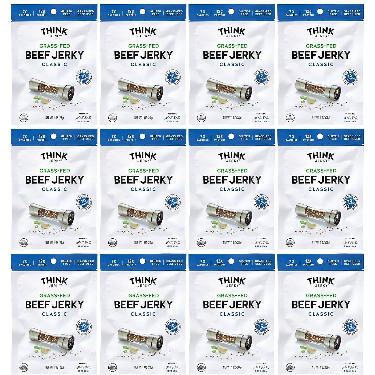 Think Jerky, Classic Beef Jerky (1.0 Ounce Bags, Pack Of 12 Bags) - Chef-Crafted, Grass-Fed Beef, Gluten Free, No Antibiotics Or Nitrates - Healthy Protein Snack, Low Calorie And Low Fat