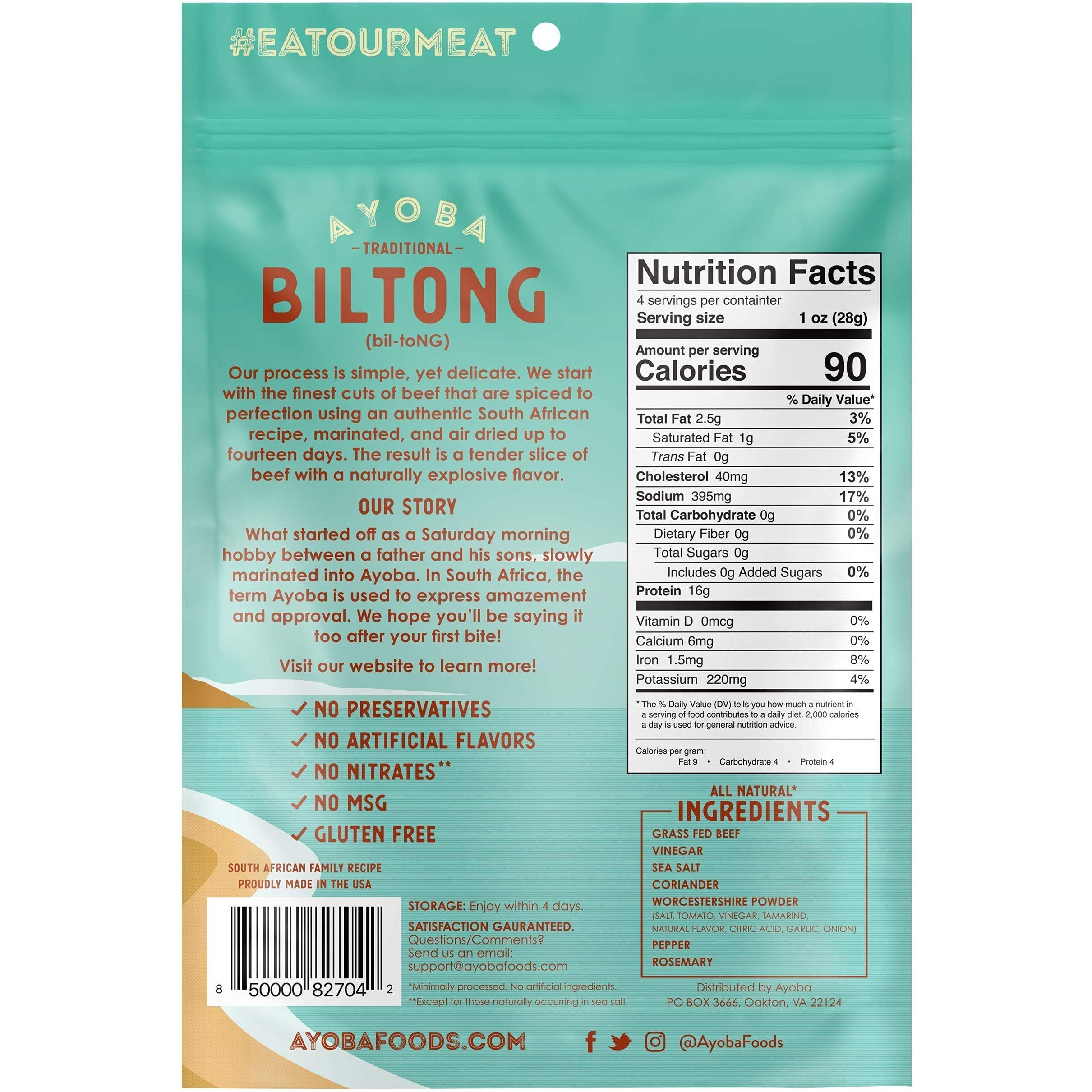 Ayoba Traditional Grass Fed Beef Biltong Slices (4 Ounce, Pack Of 1) Keto Friendly Air-Dried Grass Fed Beef Paleo Snacks - Gluten Free, Whole 30 Approved, No Sugar, No Carb Meat Snacks