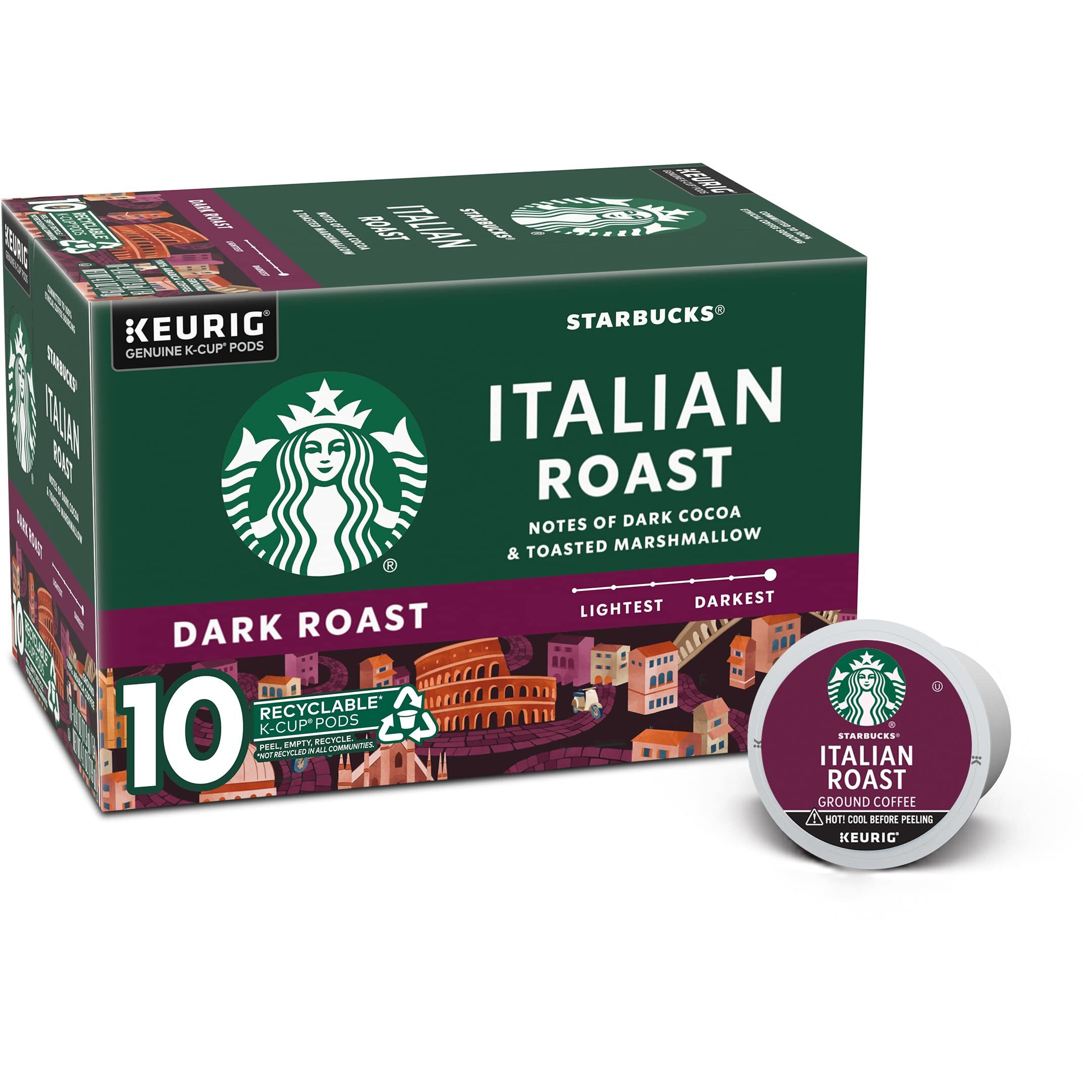 Starbucks K-Cup Coffee Pods, Dark Roast Coffee, Italian Roast, 100% Arabica, 1 Box (10 Pods)