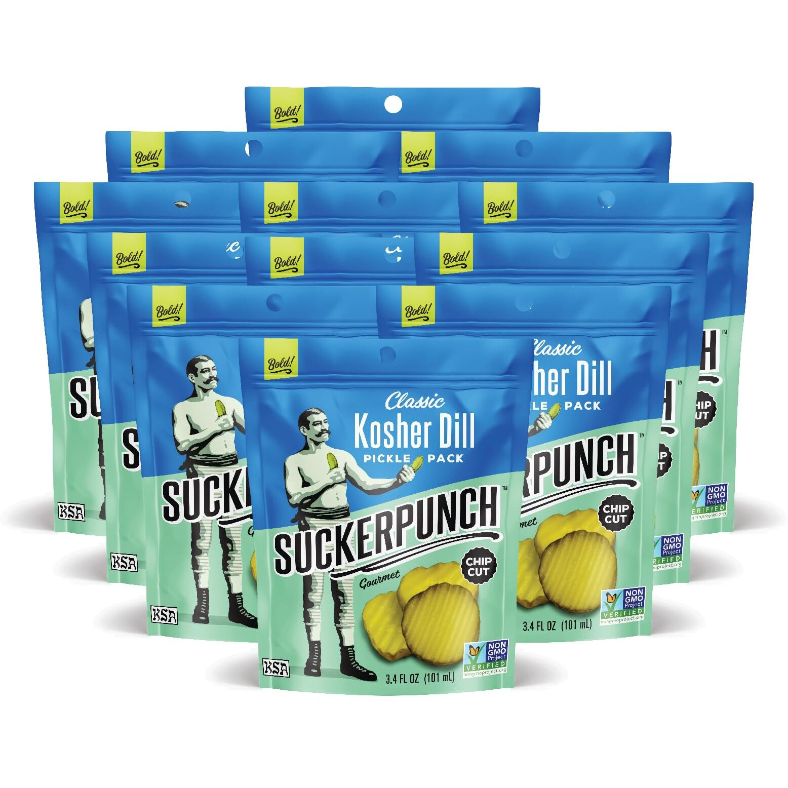 Suckerpunch Classic Dill Pickle Chips, Snack Pack, Gluten Free, Kosher, Sugar Free, Low Calorie, Low Carb, Ready To Eat, On The Go, Non Gmo, Keto Friendly, Vegan, 3.4 Oz, Single Serve Pouch (12 Pack)