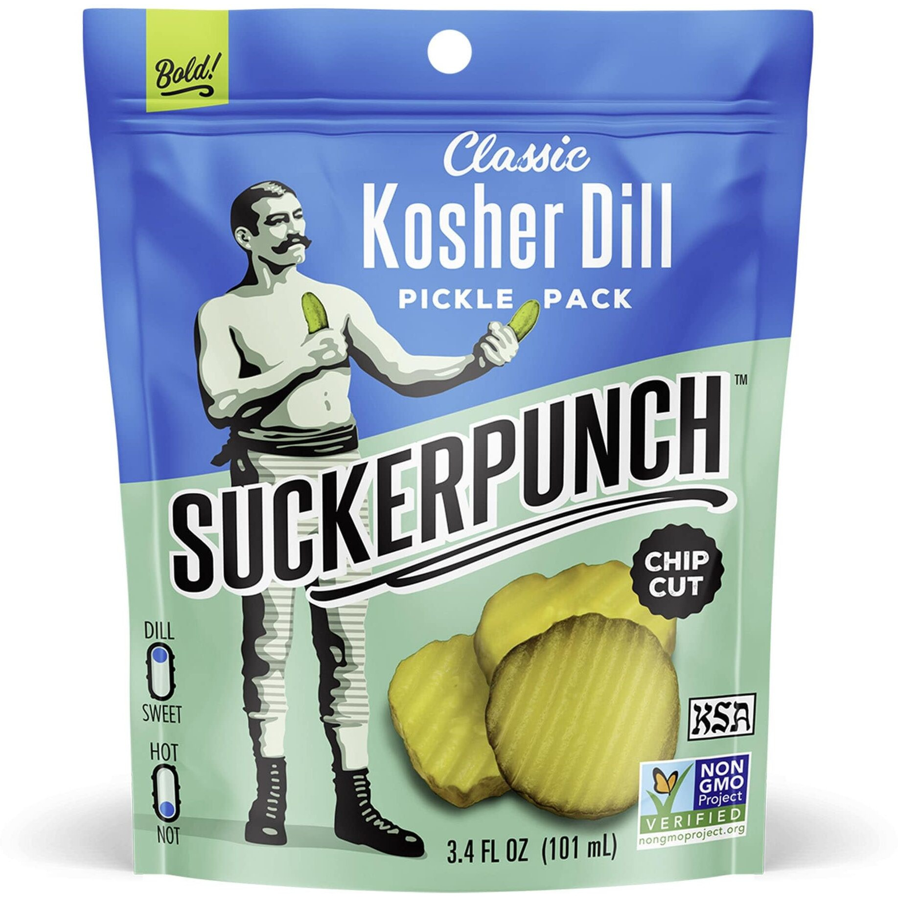 Suckerpunch Classic Dill Pickle Chips, Snack Pack, Gluten Free, Kosher, Sugar Free, Low Calorie, Low Carb, Ready To Eat, On The Go, Non Gmo, Keto Friendly, Vegan, 3.4 Oz, Single Serve Pouch (12 Pack)