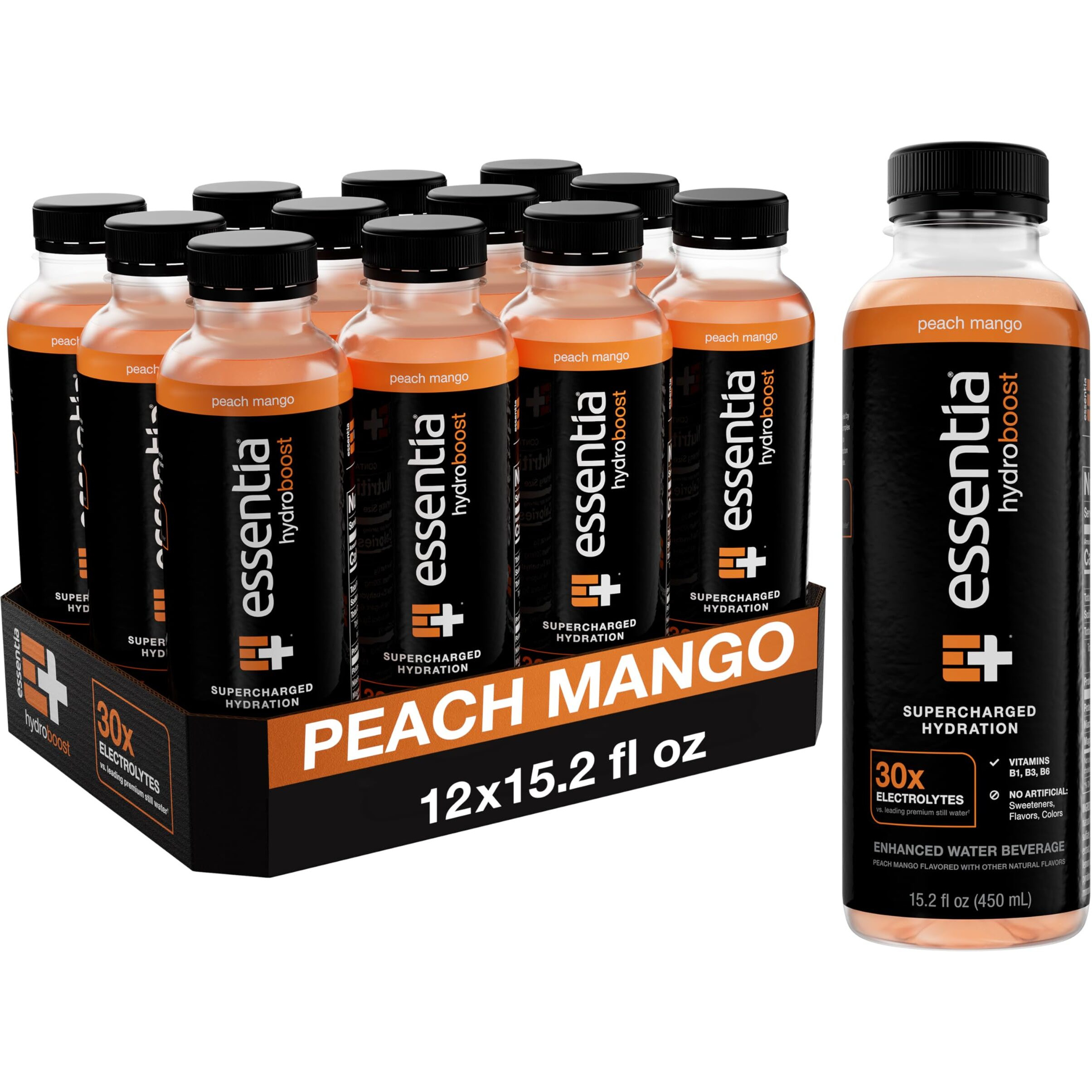 New Essentia Hydroboost Enhanced Bottled Water, 15.2 Fl. Oz. (450 Ml), 12 Pack, Peach Mango, Hydrolyte Blend With B-Complex Vitamins And Electrolytes, Clean Taste & Supercharged Hydration