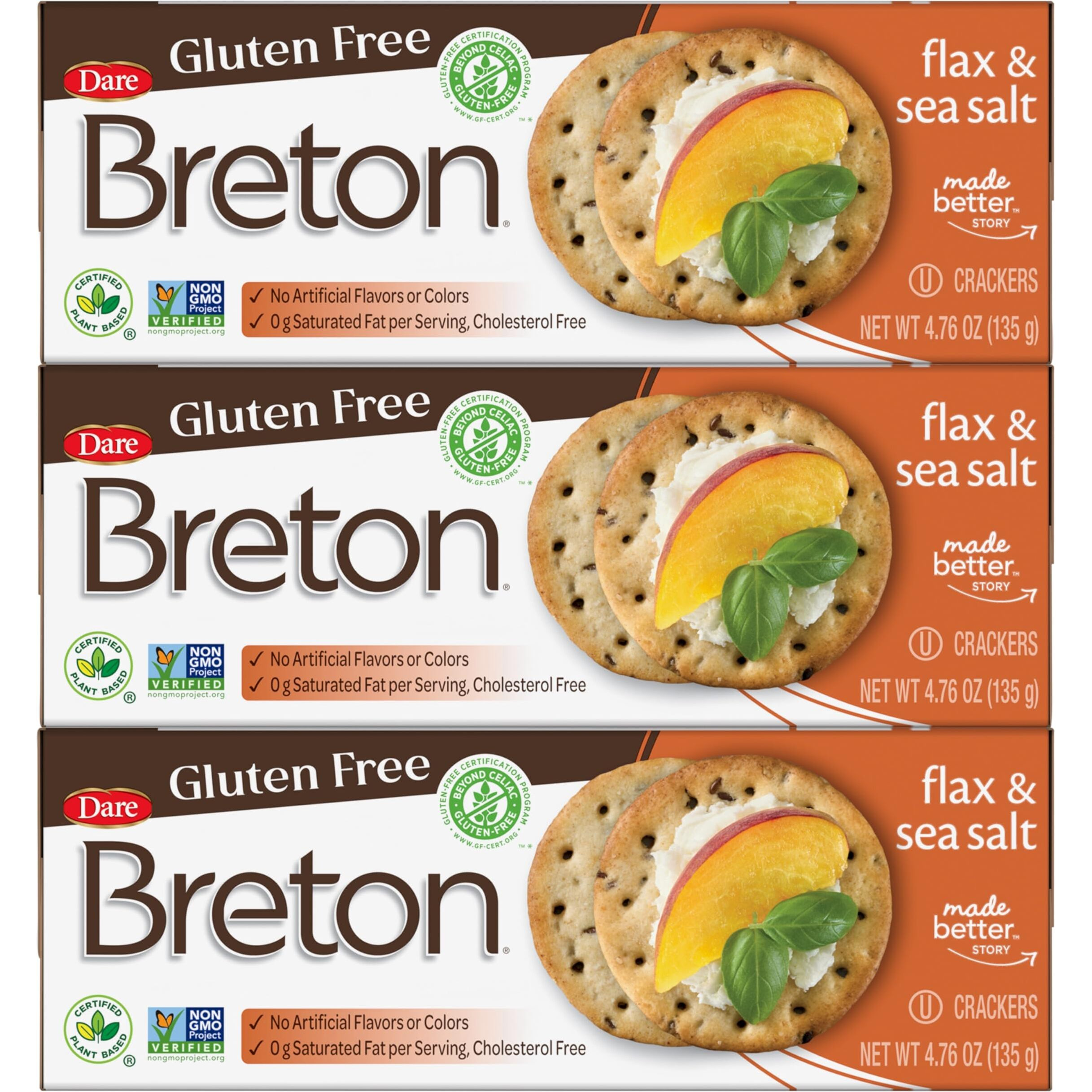 Breton Crackers, Gluten Free Flax & Sea Salt, Pack Of 3