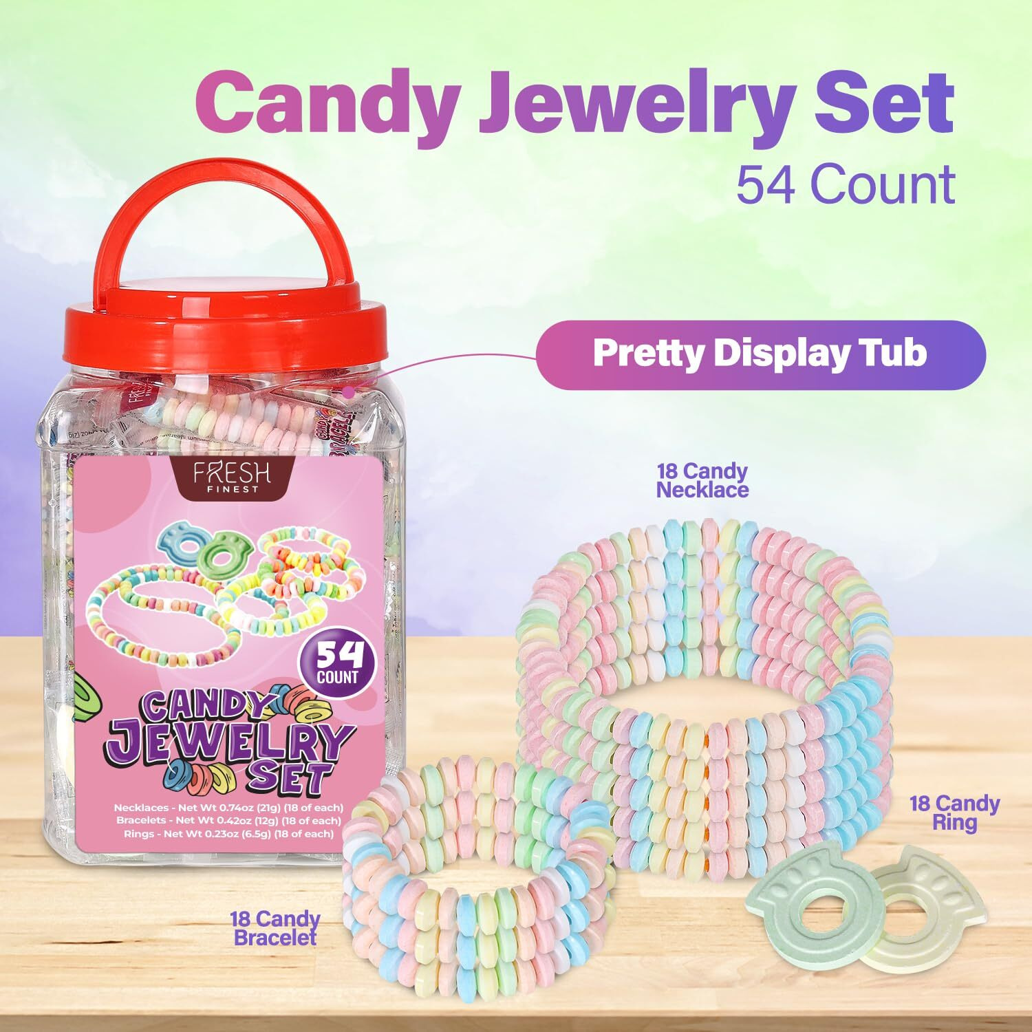 Fresh Finest Novelty Candy Mix - 54-Count Bulk Candy In A Jar. Includes 18 Candy Bracelets, 18 Candy Necklaces, And 18 Candy Rings, All Individually Wrapped.