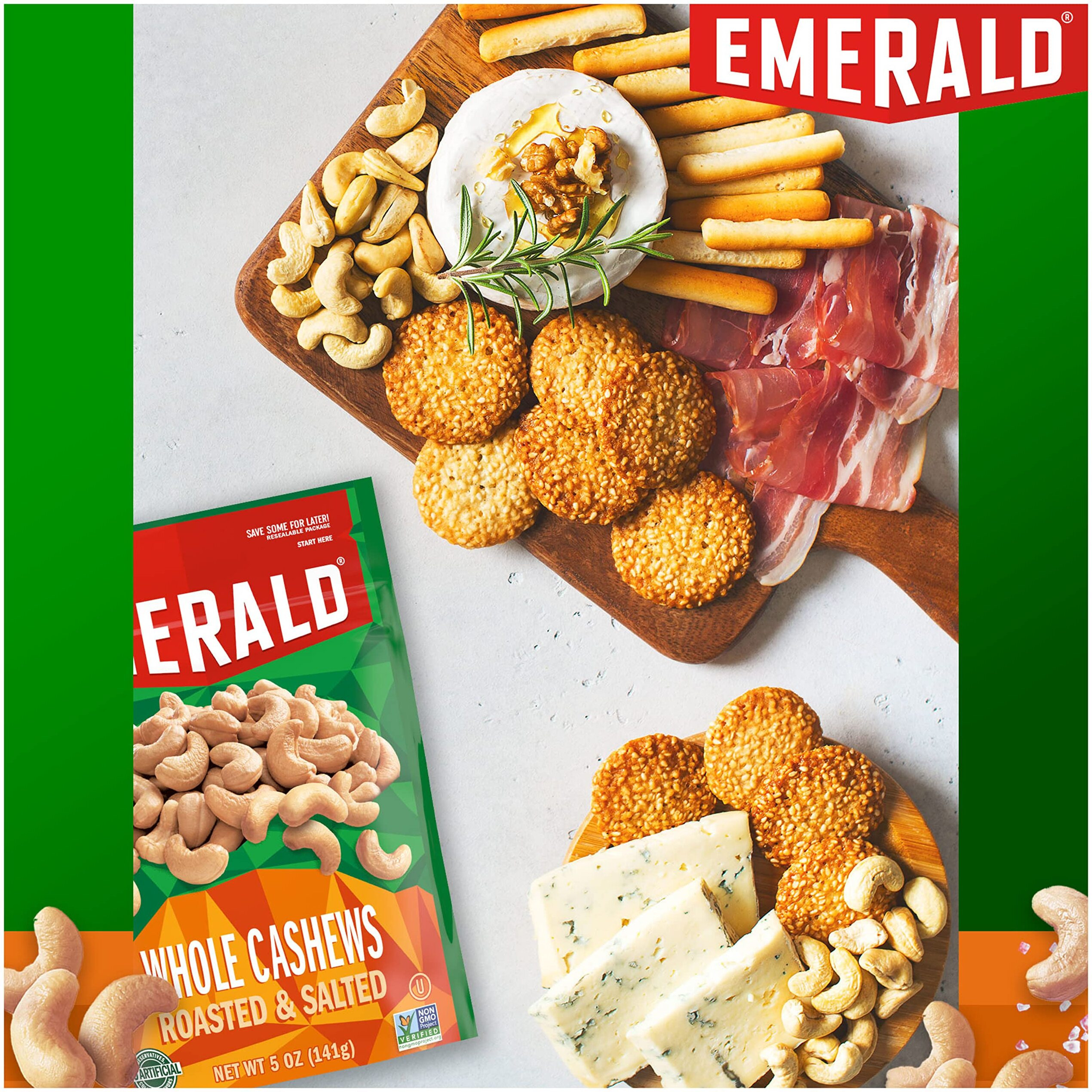 Emerald Nuts Roasted And Salted Whole Cashews (1-Pack), 5Oz Resealable Bag, Kosher Certified, Non-Gmo, Contains No Artificial Preservatives, Flavors Or Synthetic Colors