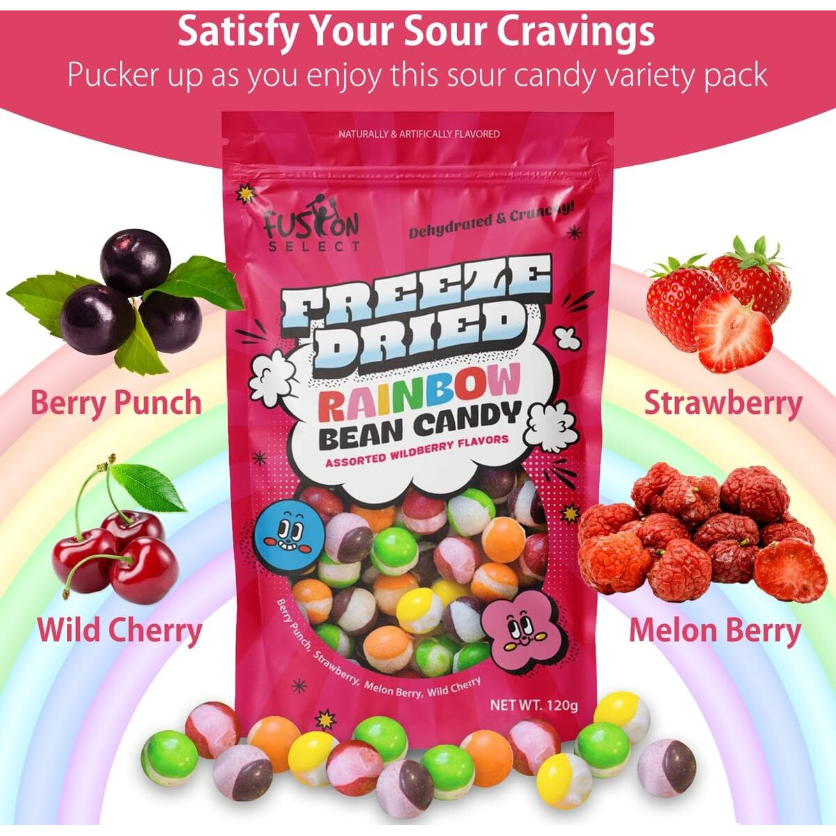 Fusion Select Rainbow Bean Candy - Assorted Freeze Dried Candy With Wildberry & Sour Flavors - Dehydrated, Crunchy, Colorful Treats & Snacks For Kids & Adults - Packed In A Resealable Pouch 120G Each