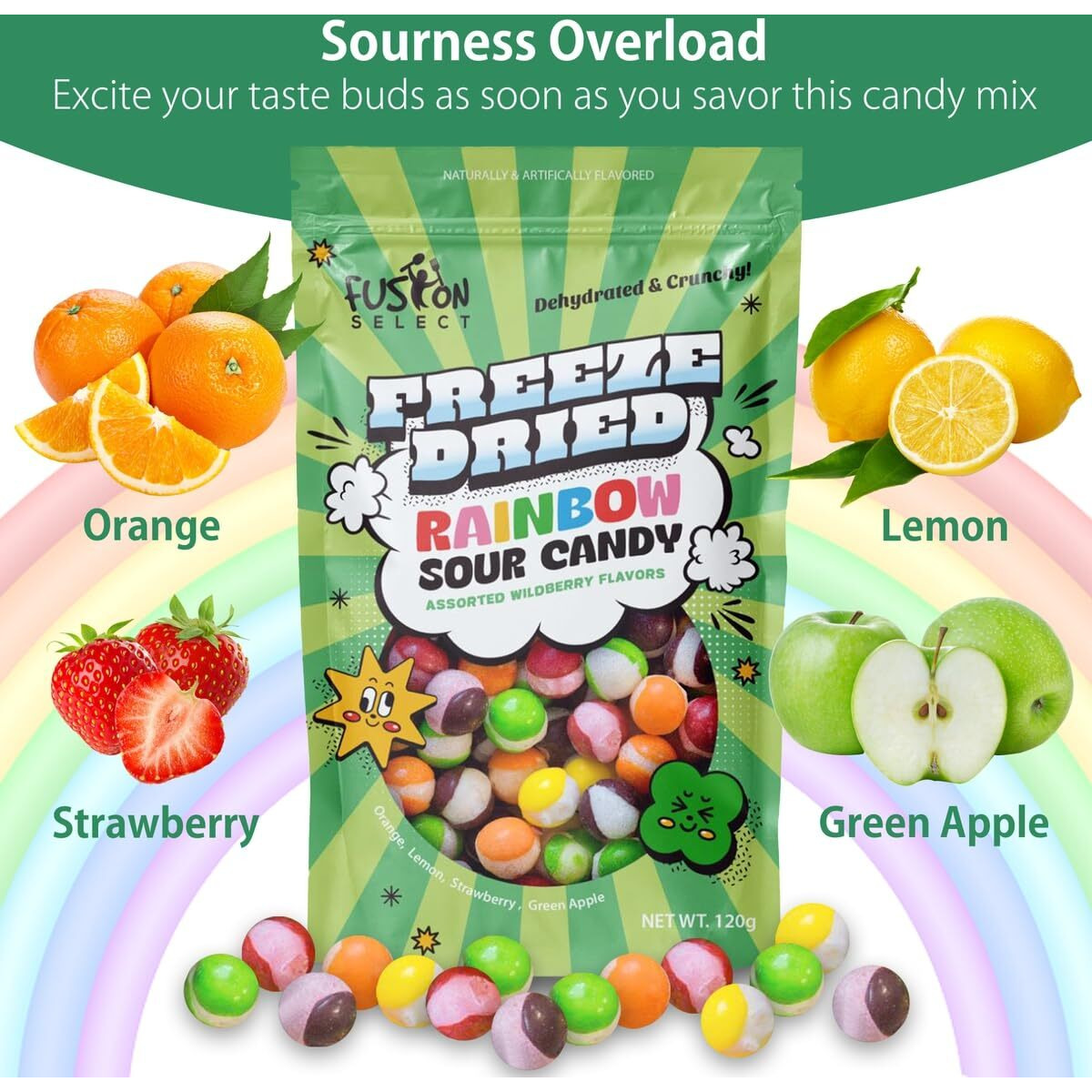 Fusion Select Rainbow Bean Candy - Assorted Freeze Dried Candy With Wildberry & Sour Flavors - Dehydrated, Crunchy, Colorful Treats & Snacks For Kids & Adults - Packed In A Resealable Pouch 120G Each