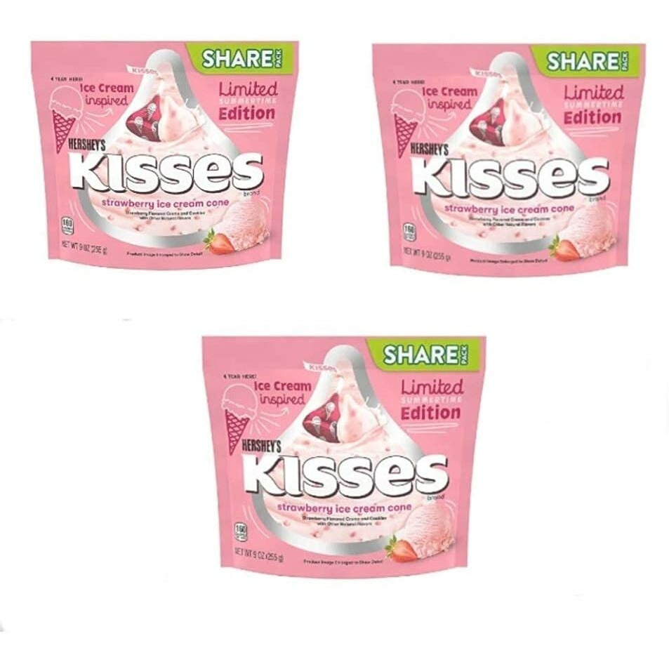Hershey's Kisses Strawberry Ice Cream Cone Candy Share Bag Limited Summertime Edition (9 Oz), Pack Of 3